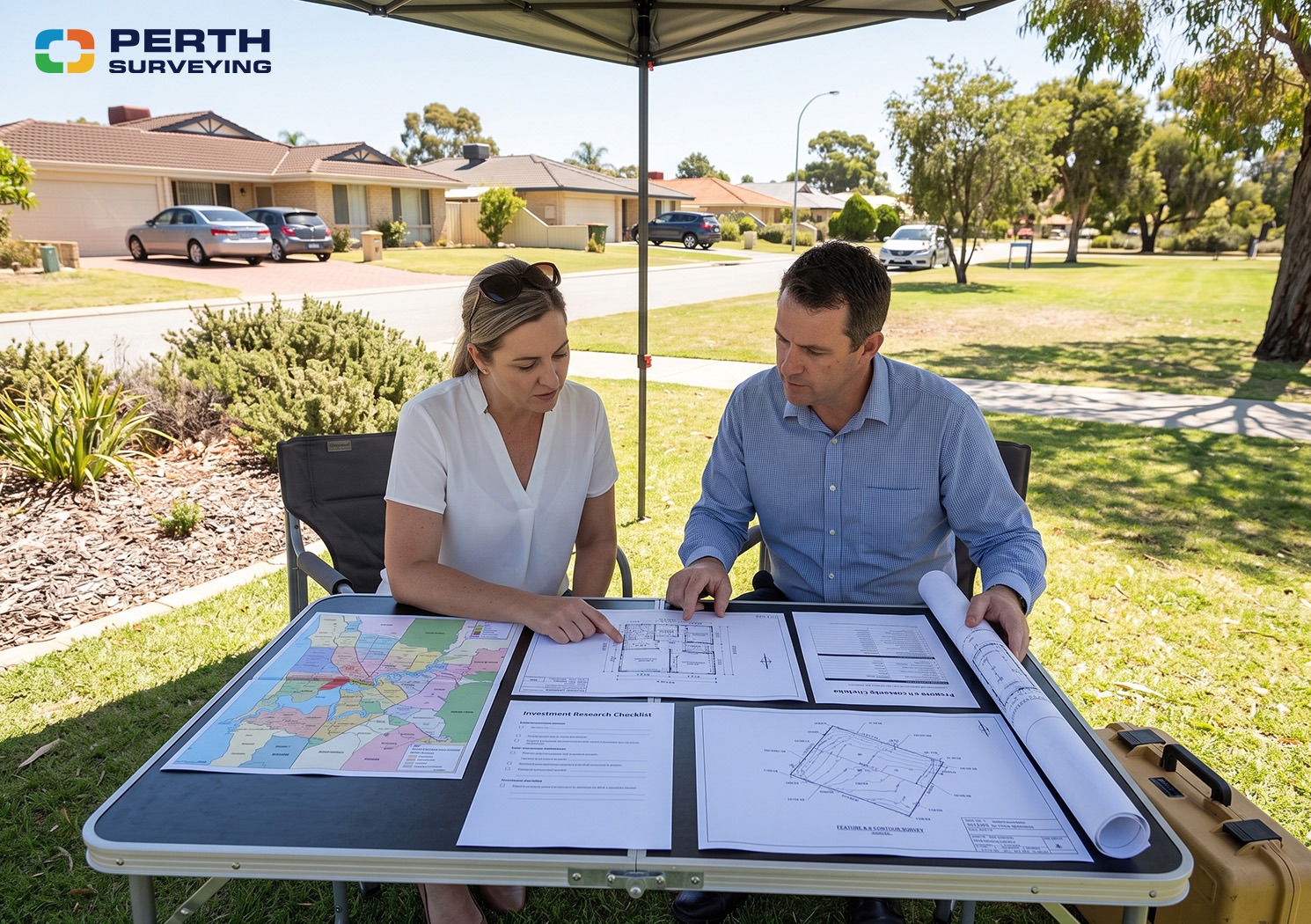 Property investors reviewing suburb maps, survey plans and development information at a residential site in Perth.