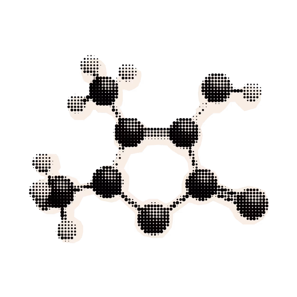 Stylized molecule model with connected black and white spheres on a black background.