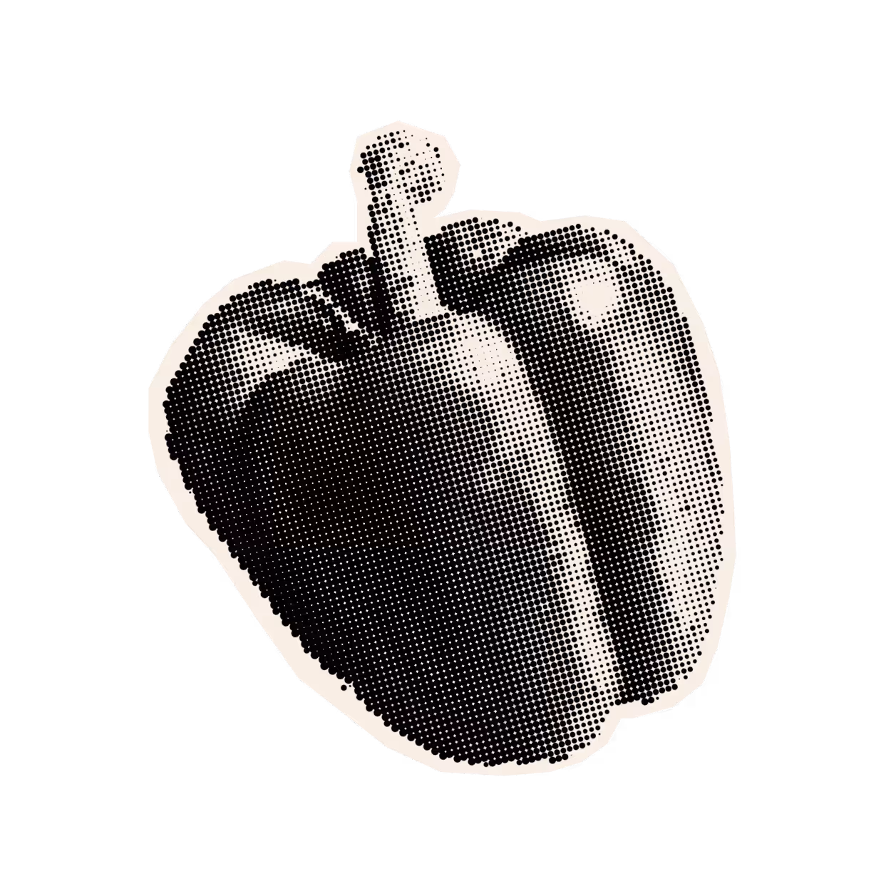 Black-and-white halftone illustration of a bell pepper with stem on a white background.