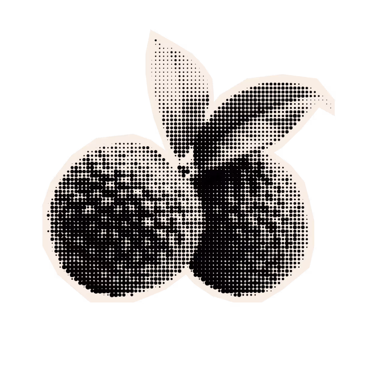 Halftone style black and white illustration of two lychee fruits with two leaves.