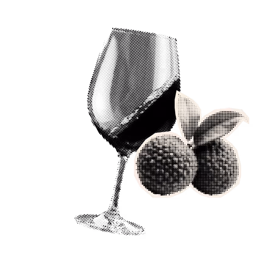 Halftone style black wine glass tilted with two lychee fruits and leaves next to it.