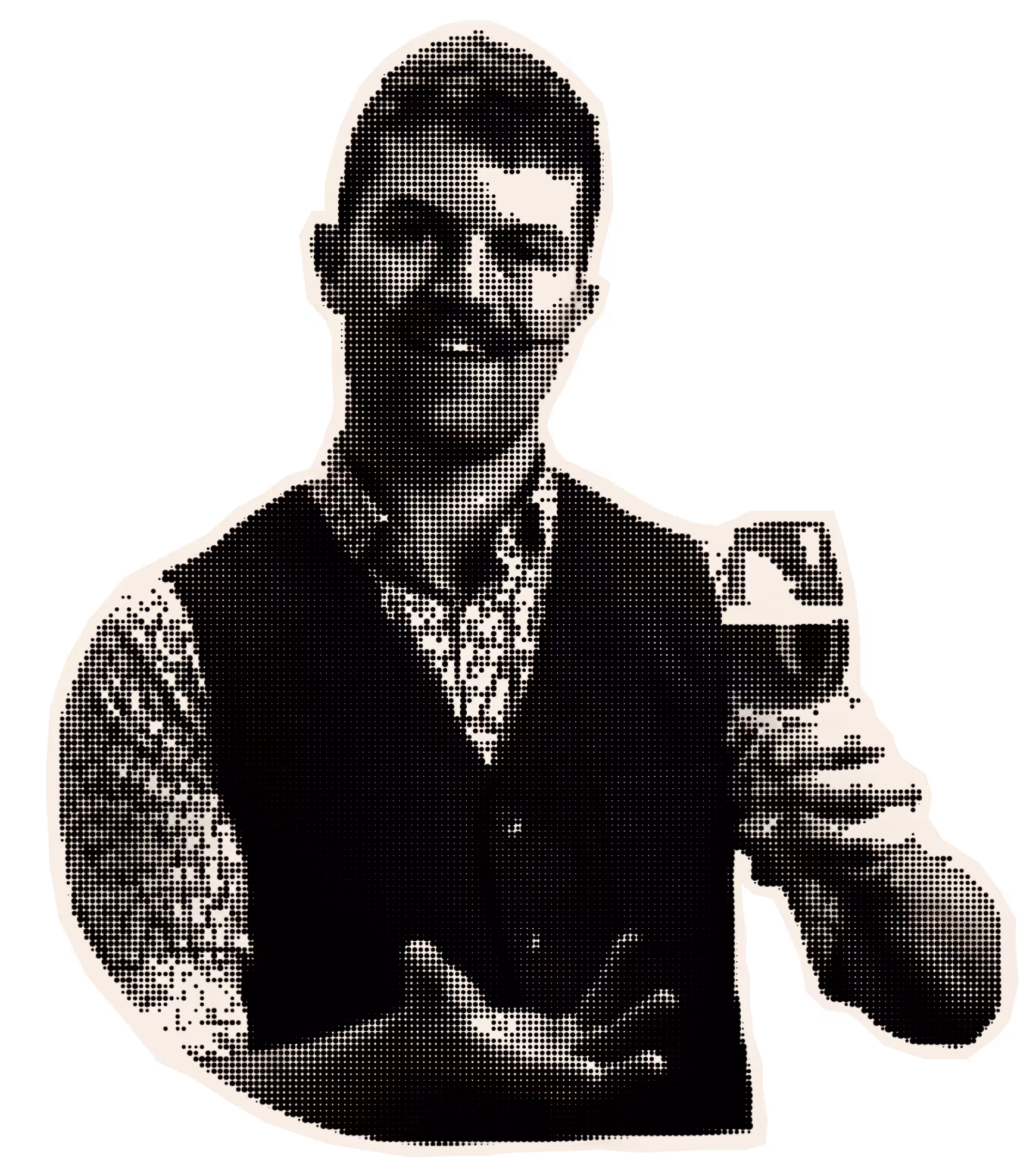 Man with mustache wearing vest and patterned shirt holding a glass of red wine and smiling.