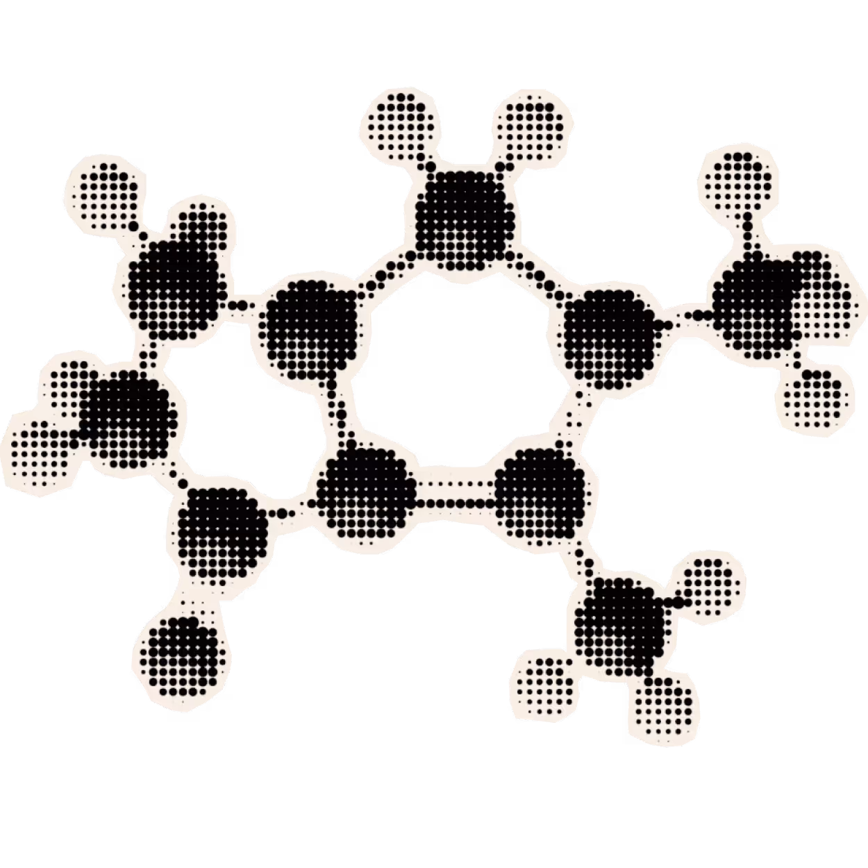 Abstract dotted molecular structure with interconnected circular nodes on a transparent background.