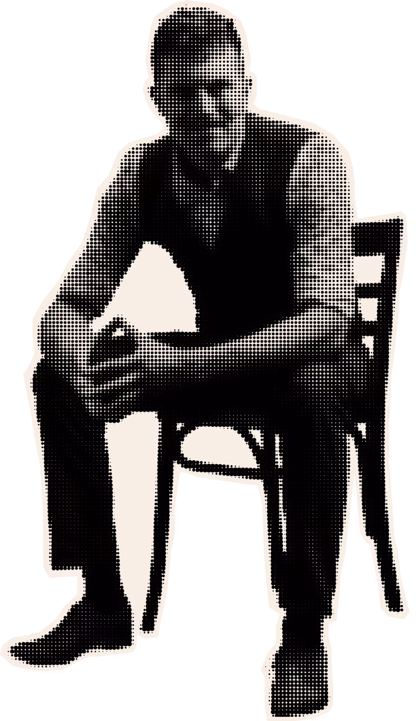 Black and white halftone image of a man sitting on a chair with hands clasped, smiling.