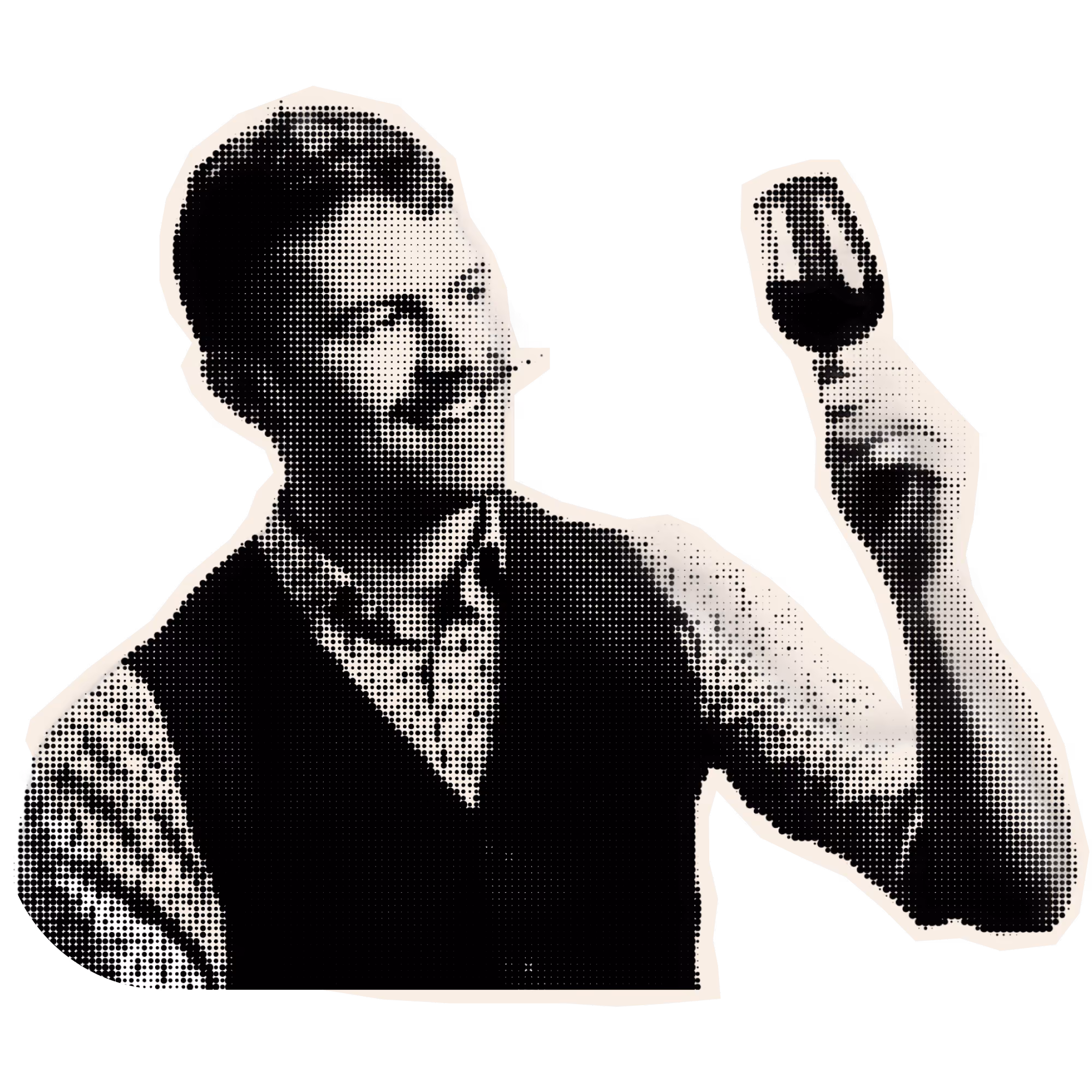 Man with mustache holding and inspecting a glass of red wine against a black background.