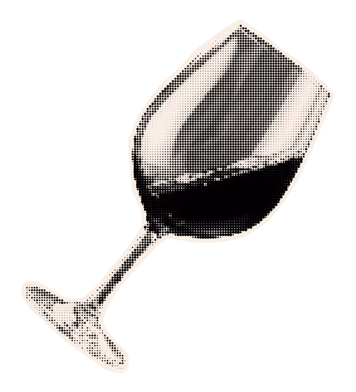 Pixelated art of a tilted wine glass filled with dark liquid on a black background.