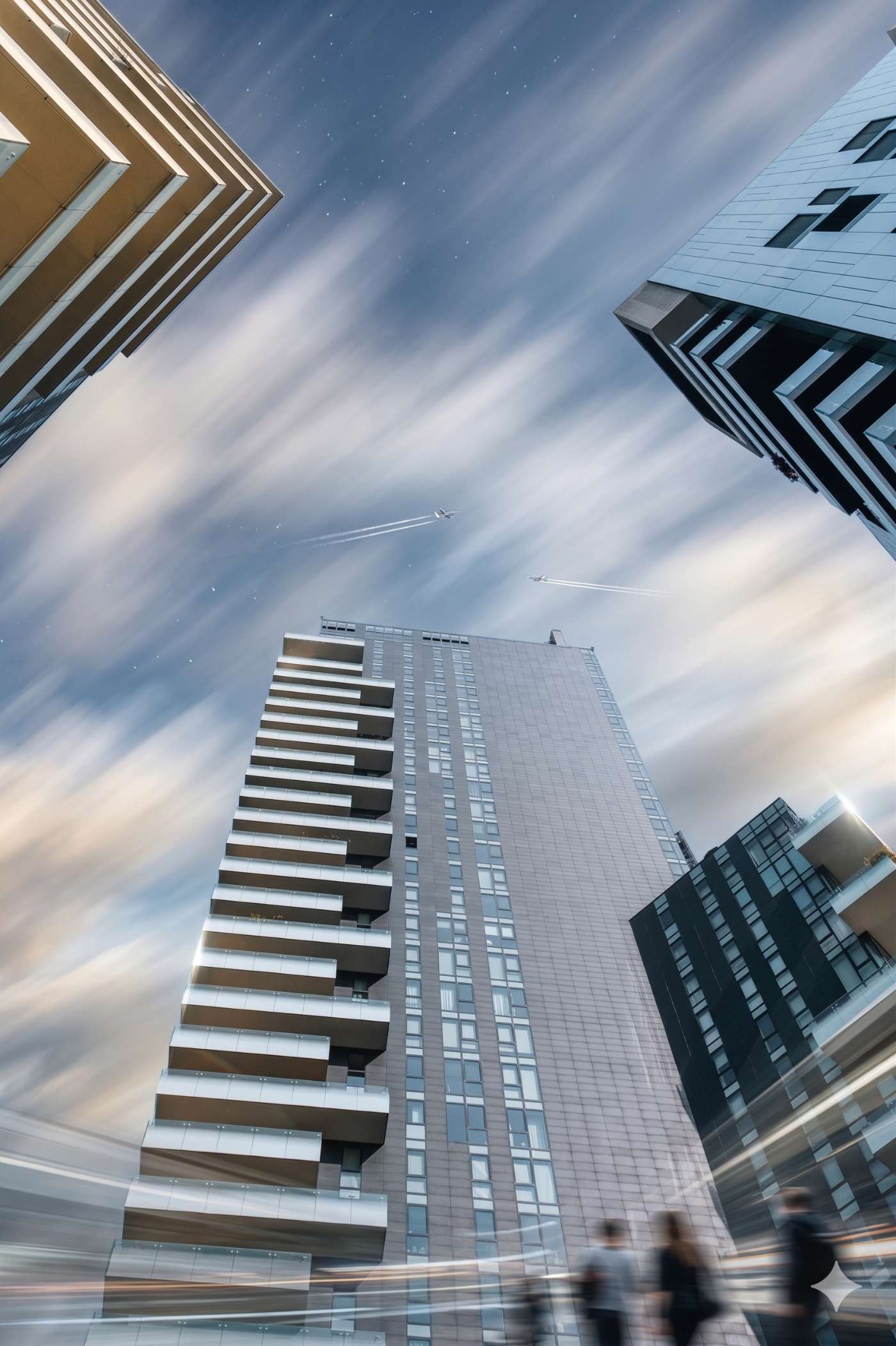 Upward view of modern tall buildings with balconies under a sky streaked with long clouds, two airplanes leaving contrails, and blurred people walking at the bottom.
