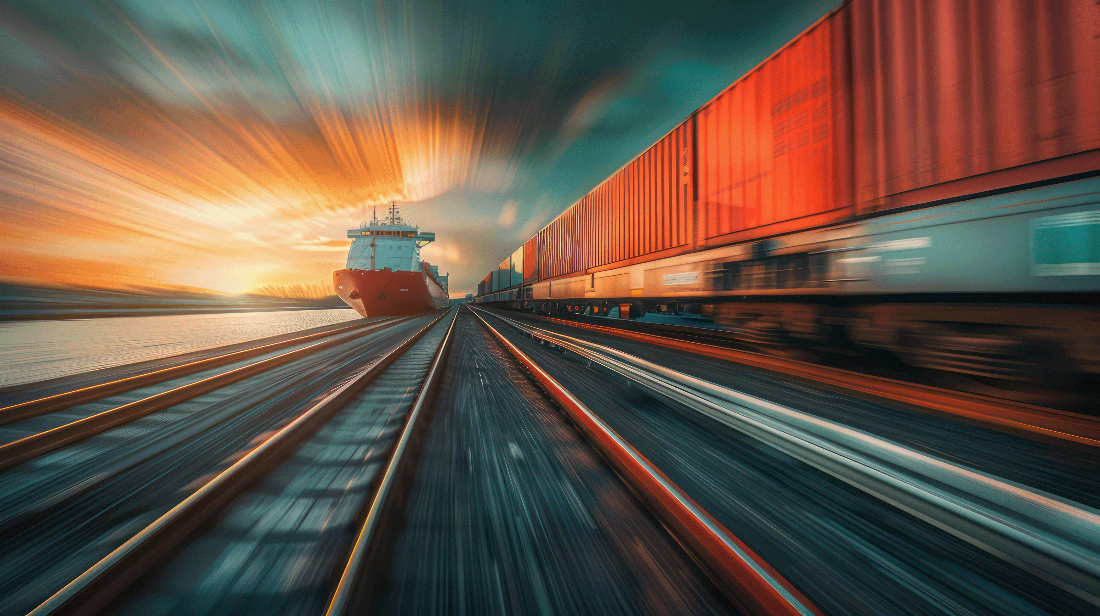 Perspective view of parallel railway tracks curving toward a sunset, with a stationary cargo ship on the left by the water and a long freight train with orange shipping containers speeding by on the right.