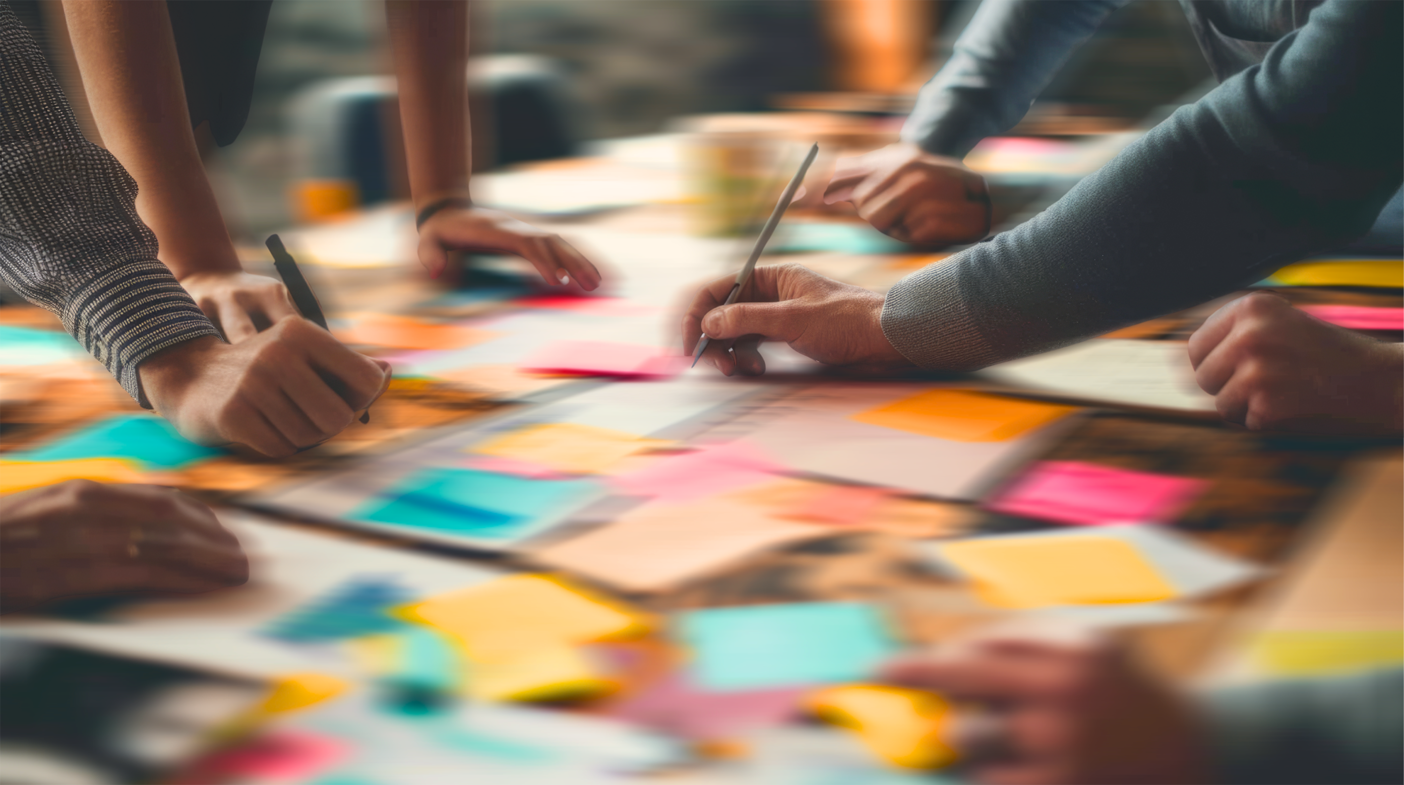 Several people working together around a table covered with colorful sticky notes and papers, actively writing and pointing at the documents.