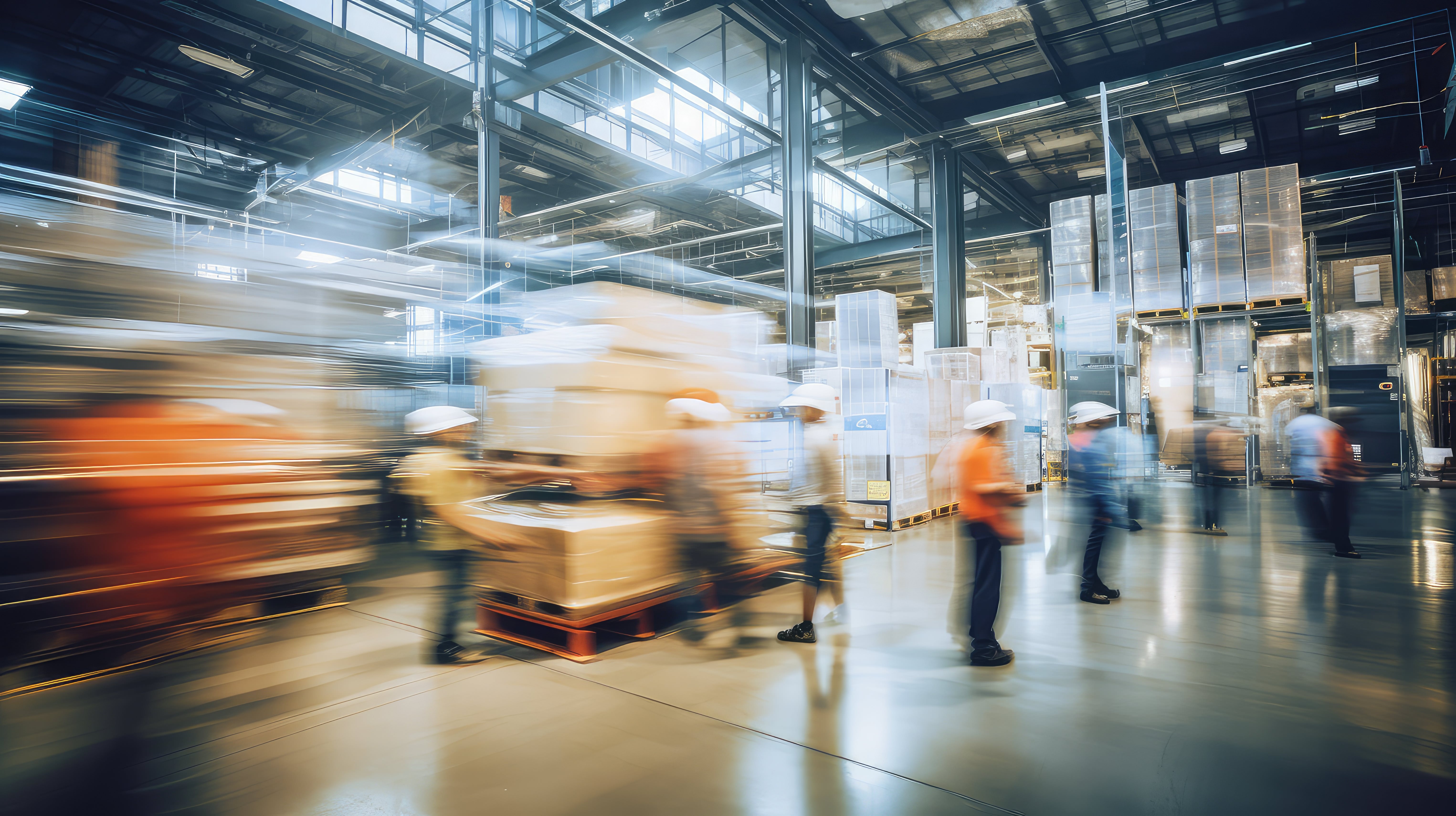 Blurred motion of warehouse workers wearing white helmets moving and handling large pallets stacked with boxes in a spacious, well-lit industrial warehouse.