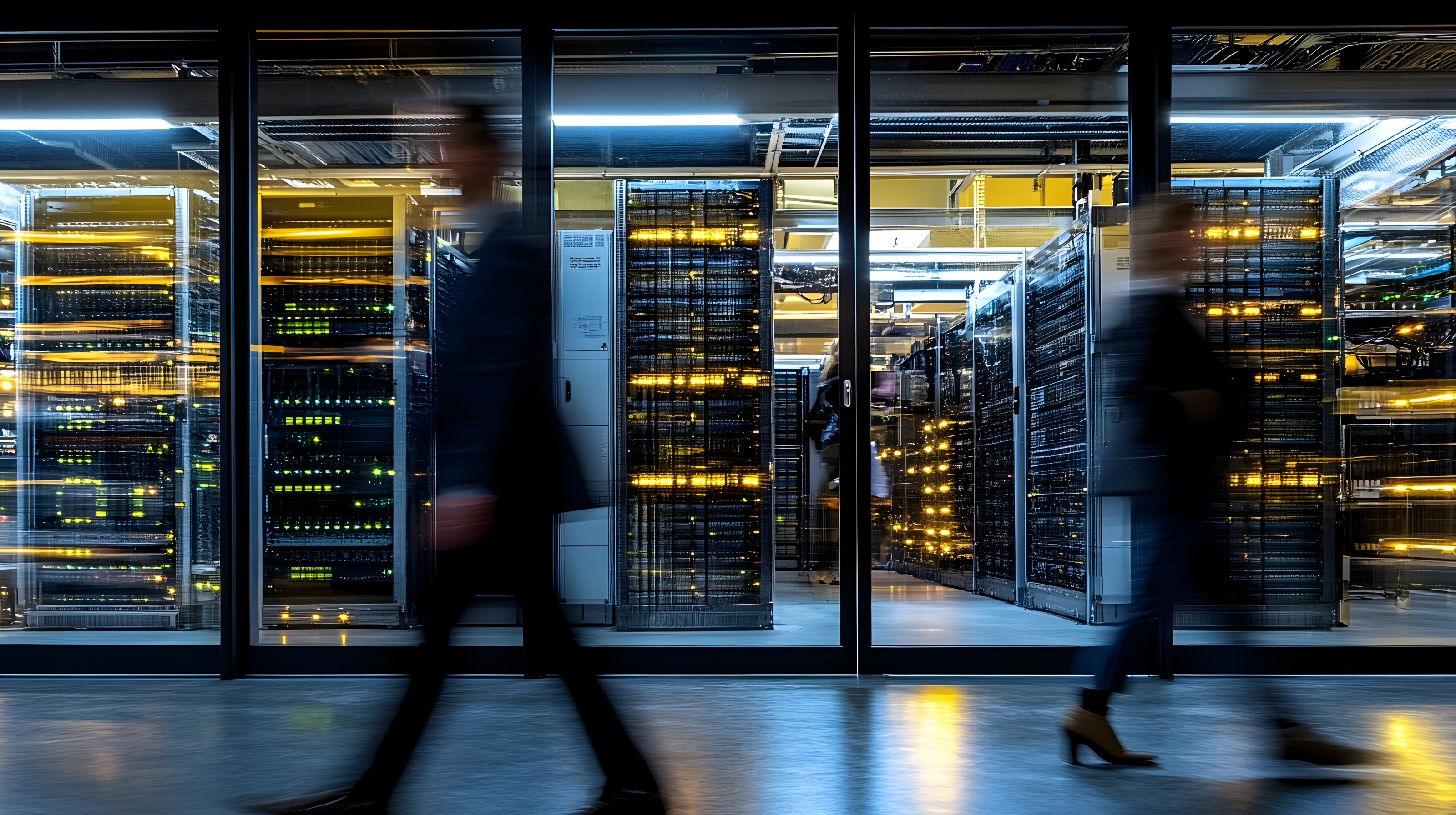 Blurred figures of two people walking past a glass wall revealing rows of illuminated data center server racks inside a modern facility.