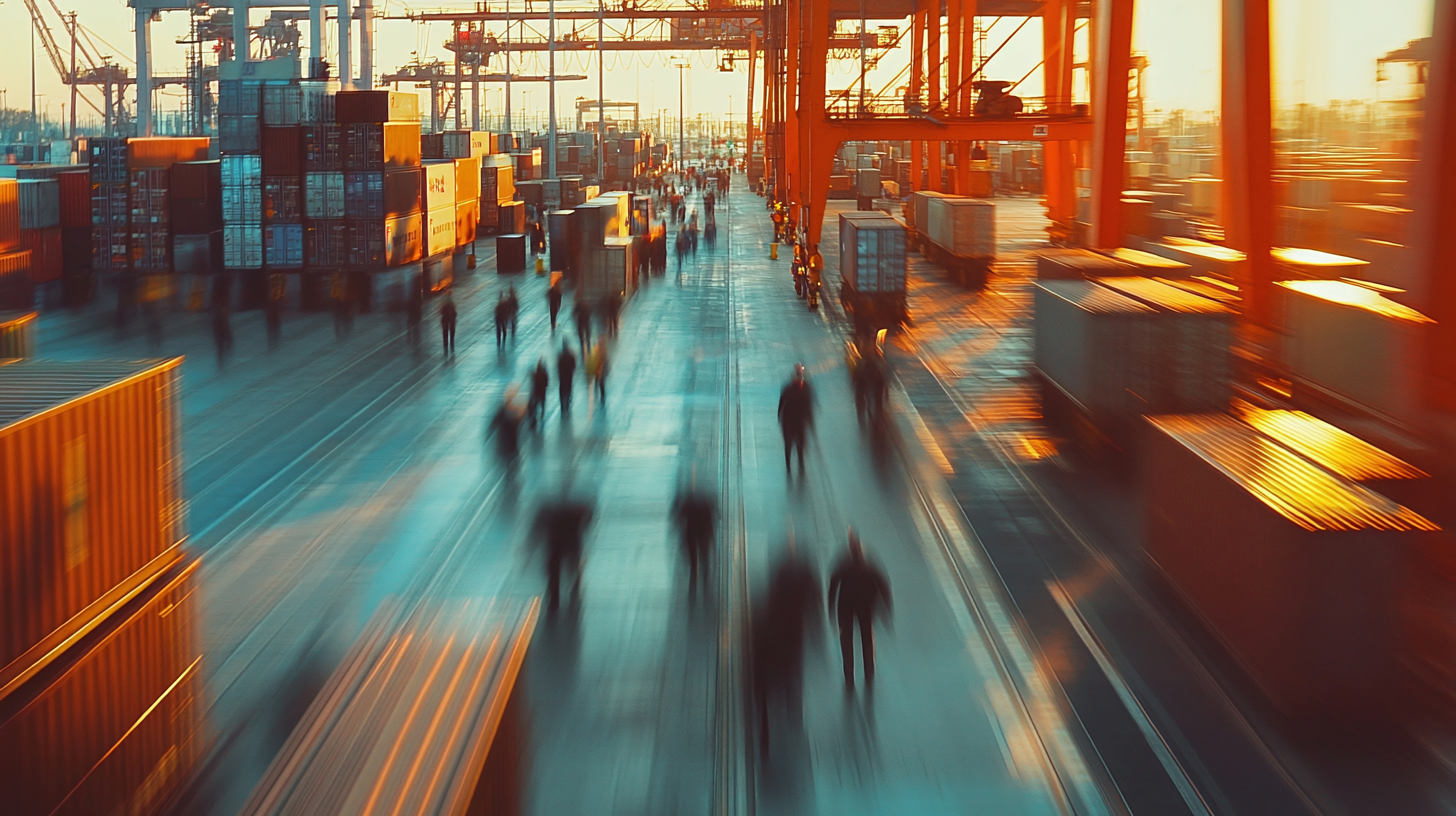 Blurred image of people walking along a shipping container terminal with stacked cargo containers and large cranes at sunset.