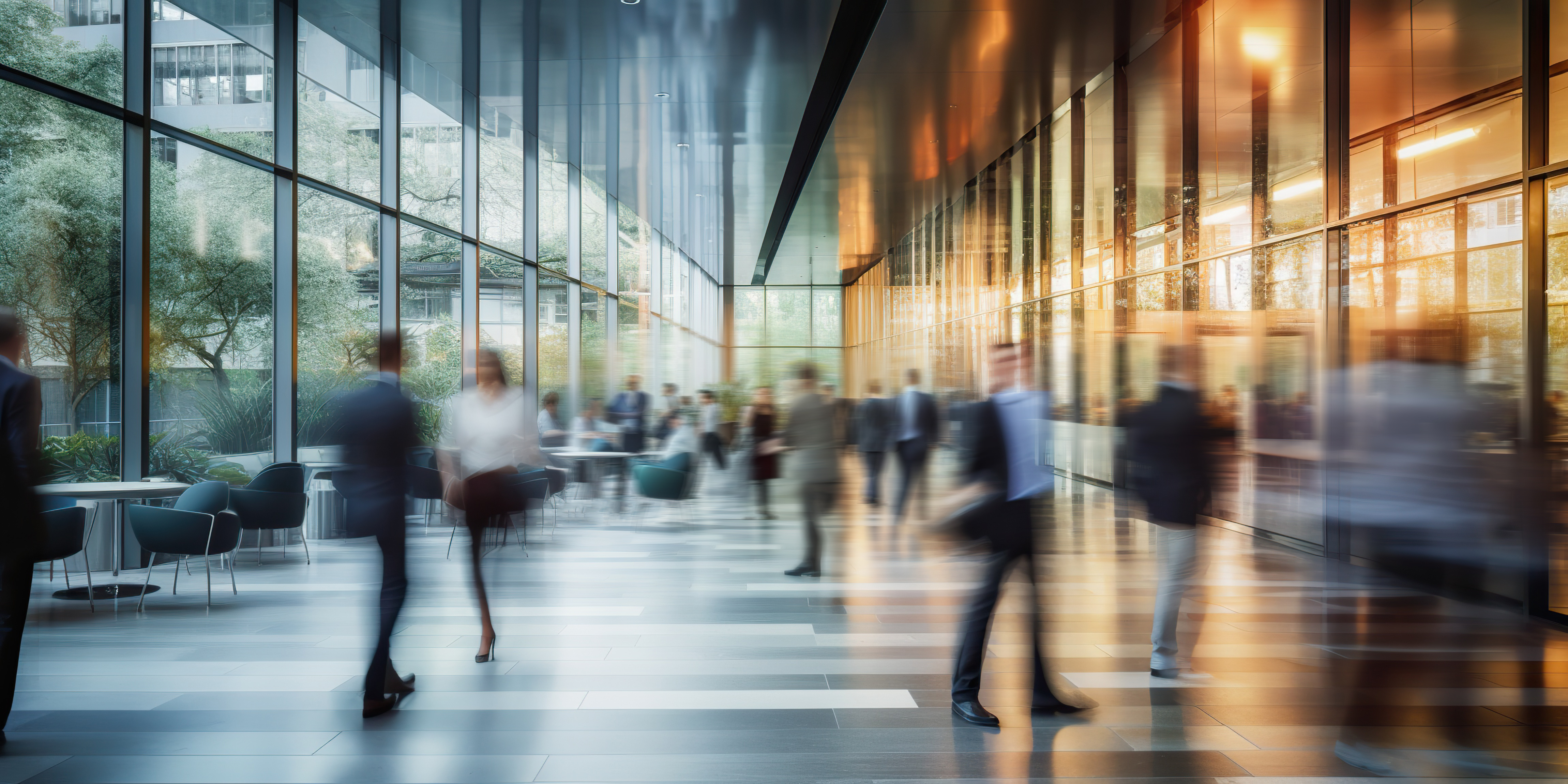 Blurry image of people walking and conversing in a modern, glass-walled office lobby with natural light and reflections on the floor and walls.