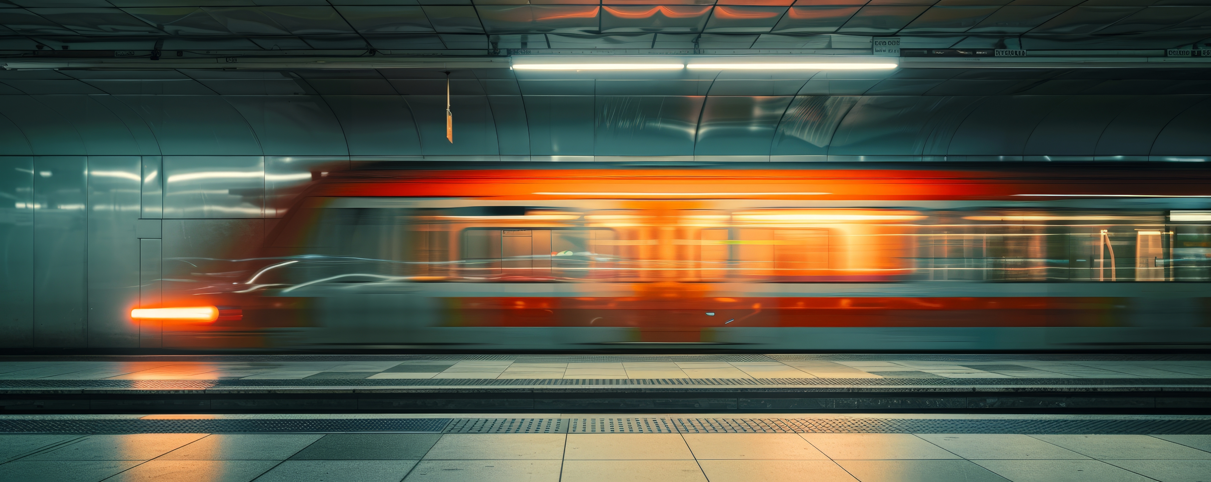 Blurred red and white train speeding through a modern subway station with smooth tiled platform and curved metal walls under fluorescent lighting.