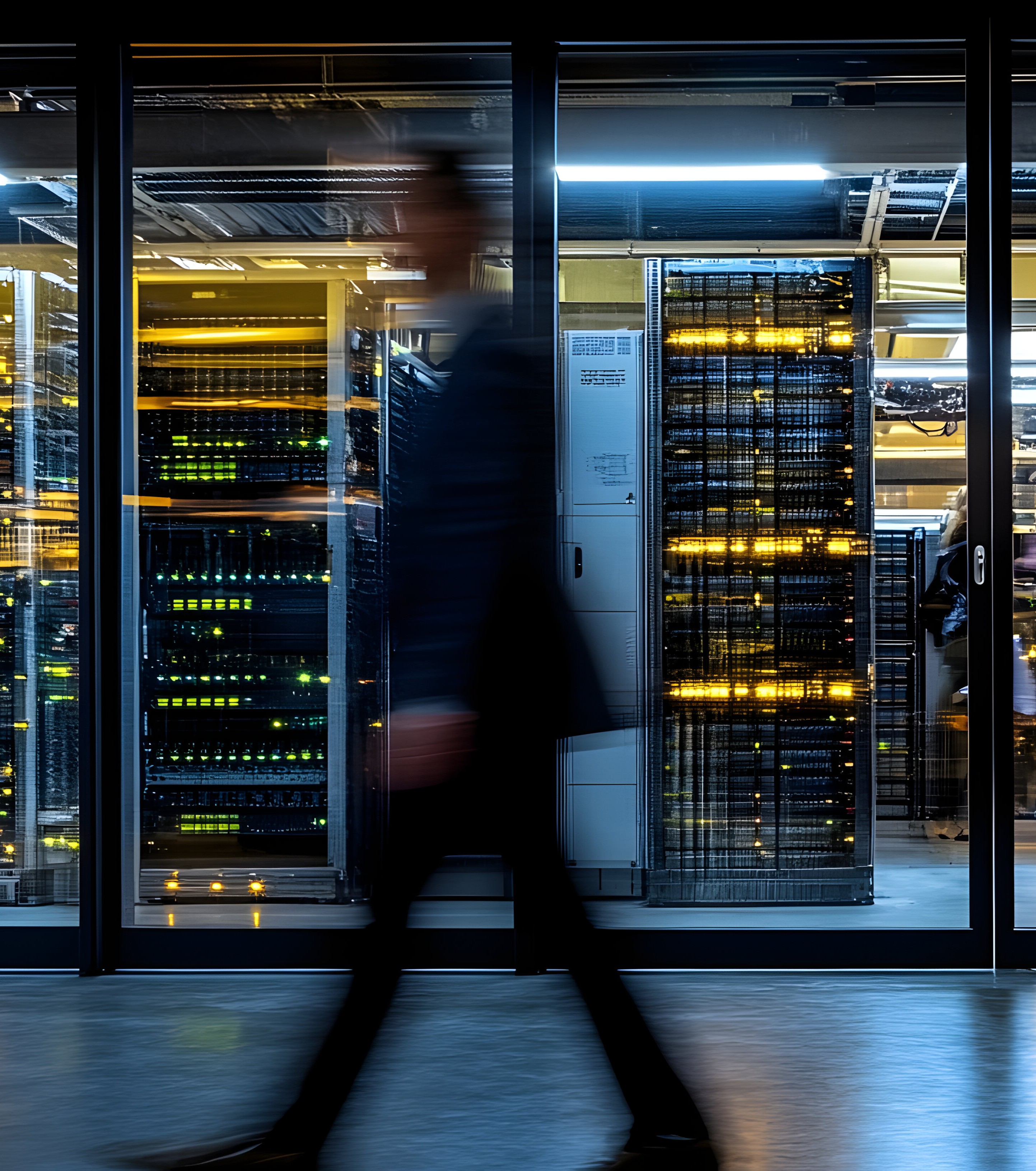 Blurred man in business attire walking inside a modern data center with rows of server racks illuminated with yellow and green lights behind glass walls.