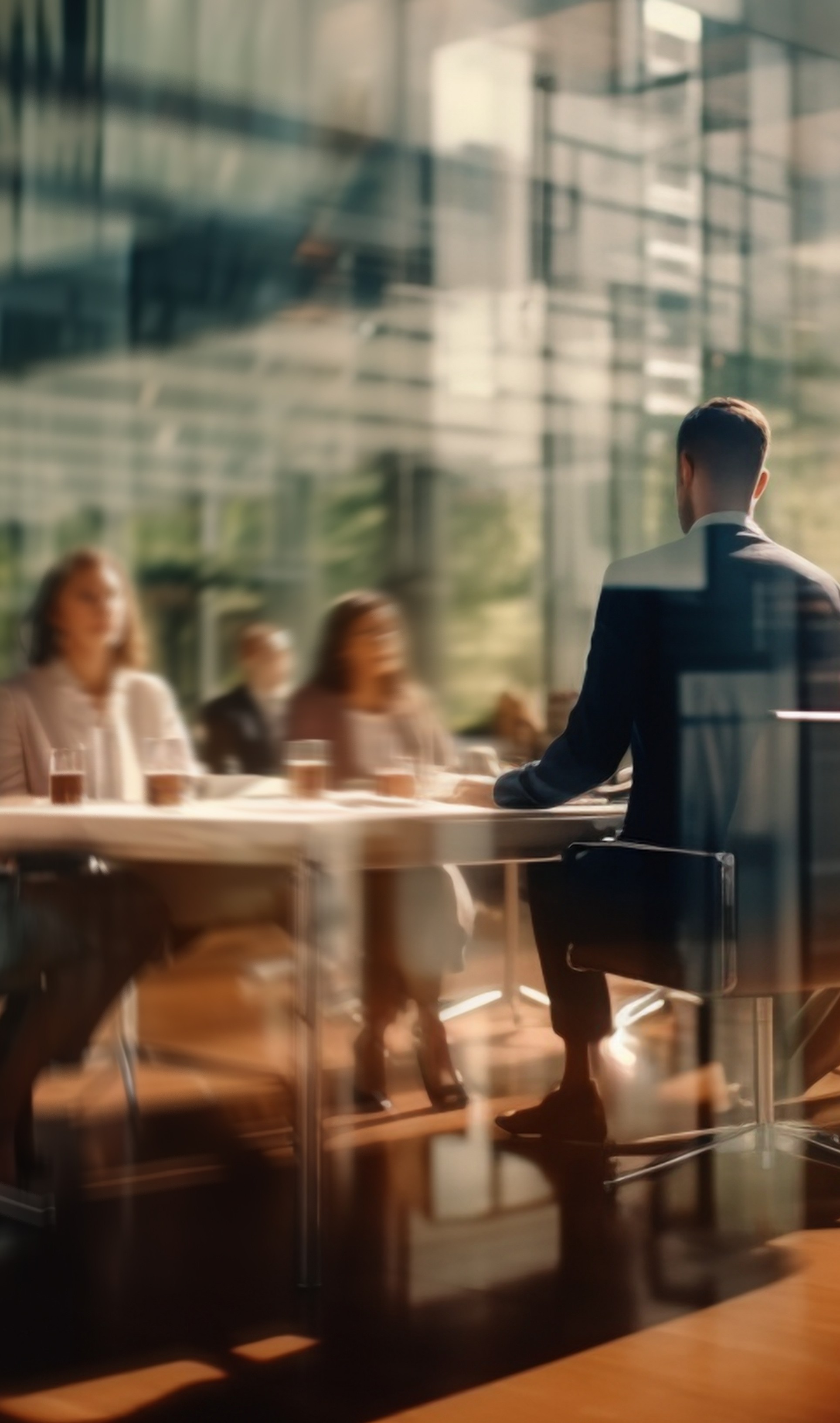 Man in a suit sitting at a conference table facing three businesspeople who appear blurred, in a modern office with large windows and reflections.