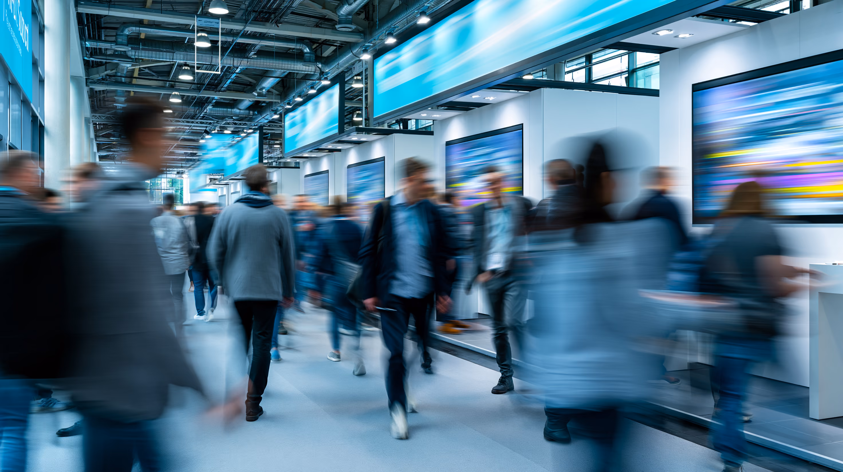Blurred image of people walking through a modern indoor exhibition or trade show with digital screens displaying colorful abstract visuals on the walls.