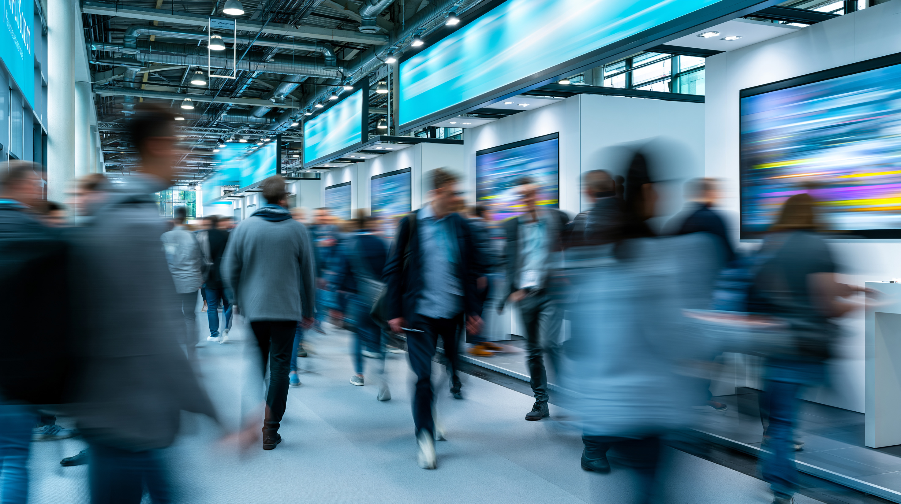 Blurred image of people walking through a modern indoor exhibition or trade show with digital screens displaying colorful abstract visuals on the walls.