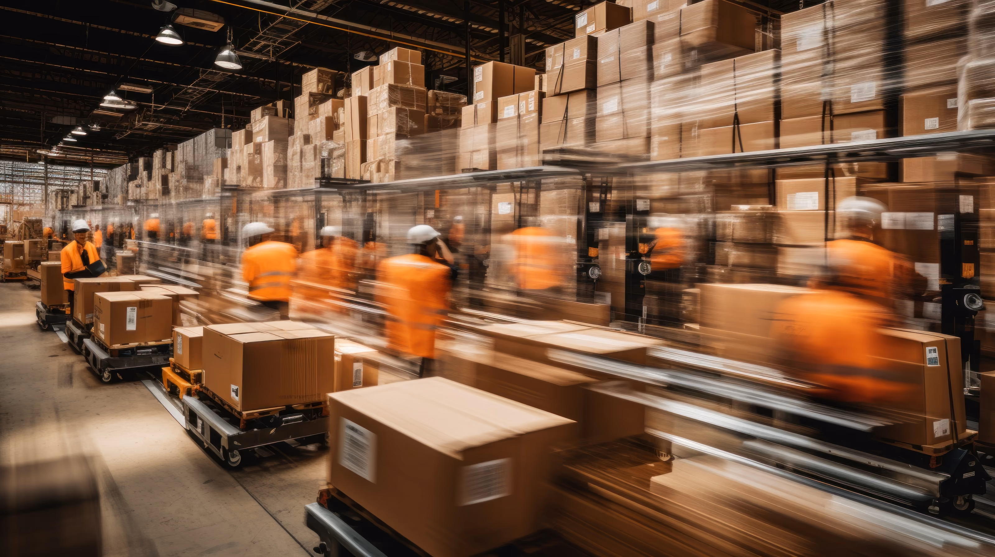 Warehouse with stacked cardboard boxes and workers in orange uniforms and white helmets moving quickly among conveyor belts carrying packages.