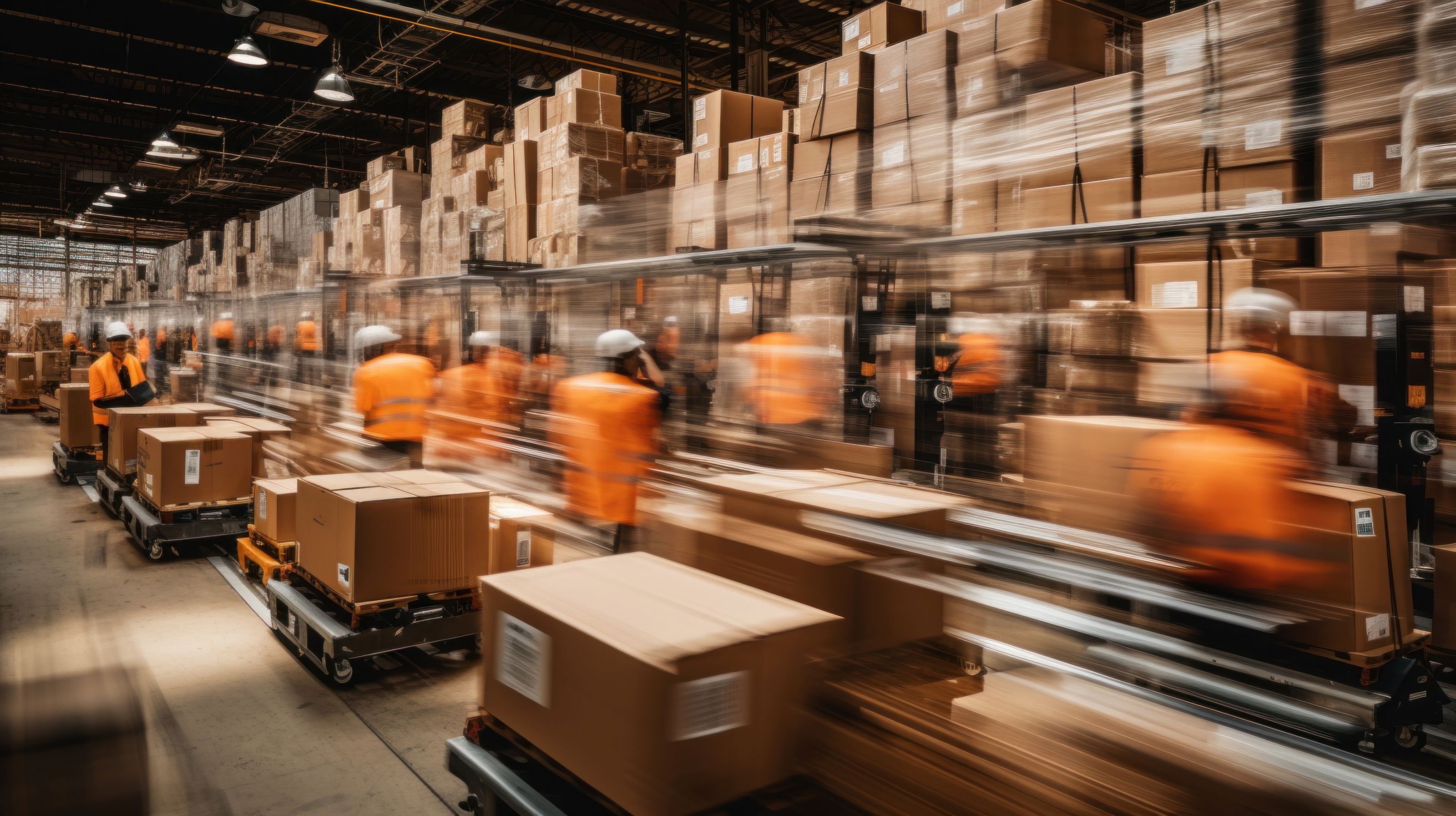 Warehouse with stacked cardboard boxes and workers in orange uniforms and white helmets moving quickly among conveyor belts carrying packages.