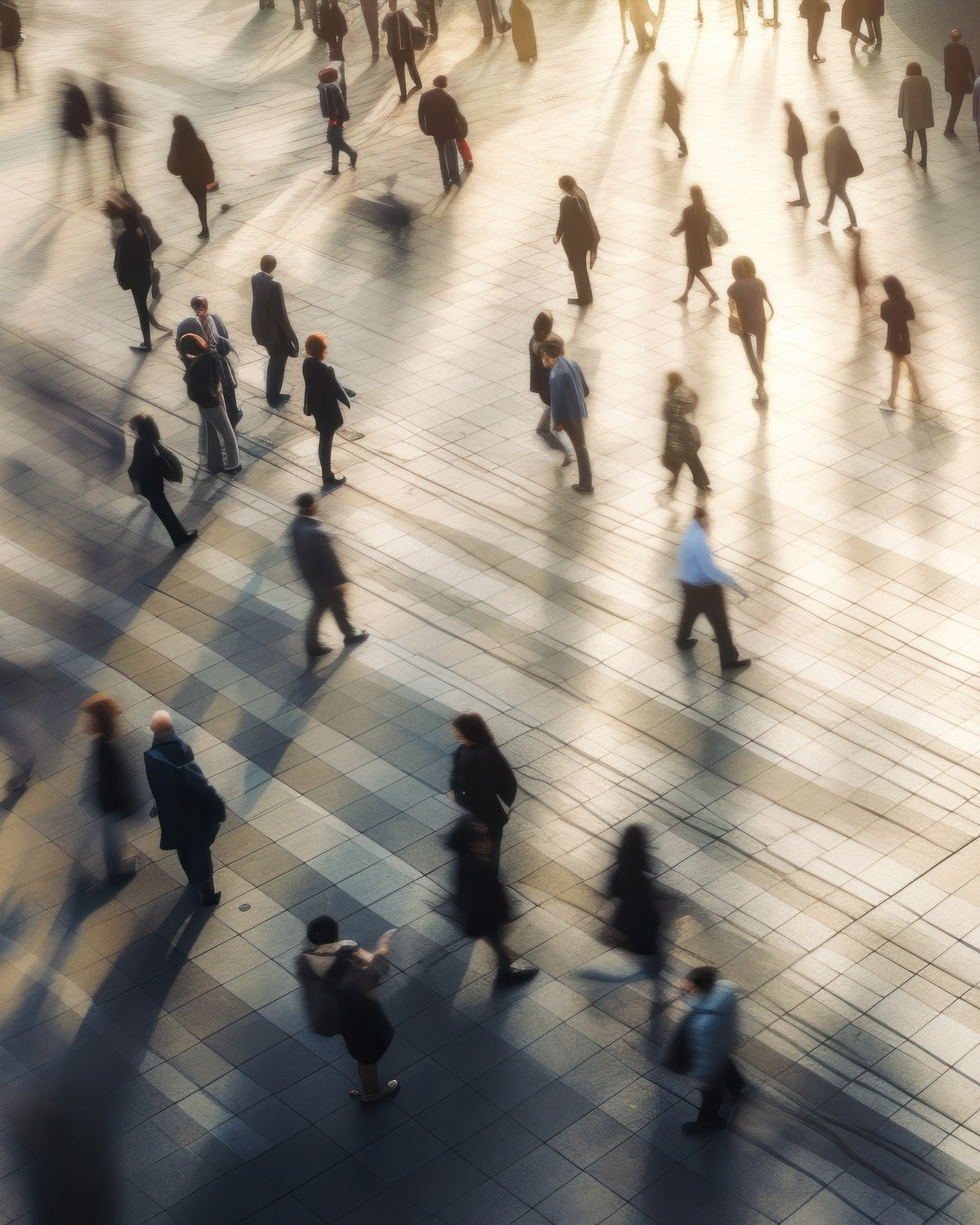 Overhead view of people walking and standing on a large tiled urban plaza with long shadows cast by low sunlight.