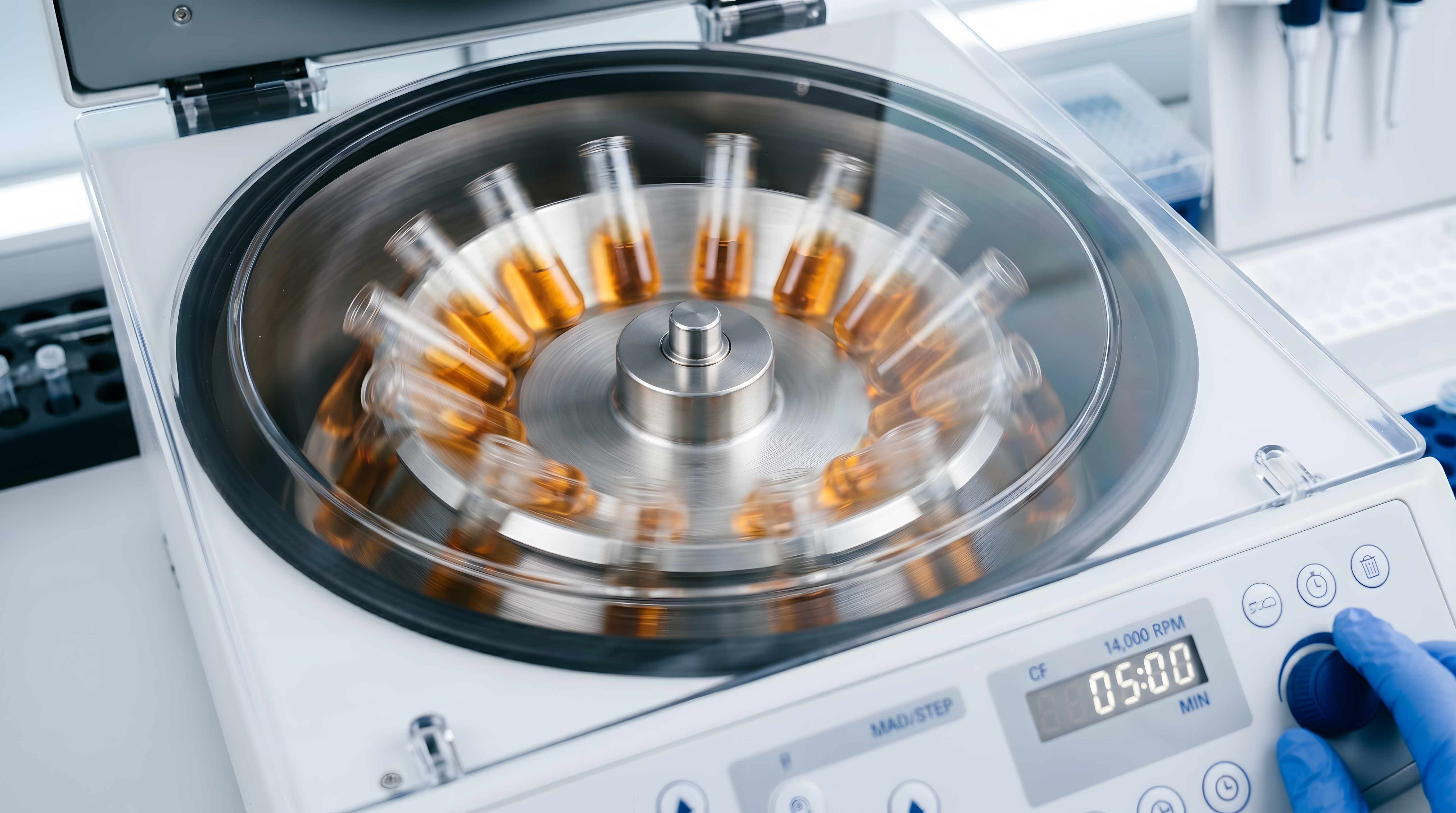 Laboratory centrifuge spinning test tubes containing amber liquid at high speed, with a gloved hand adjusting the control knob showing 5 minutes and 14,000 RPM on the display.