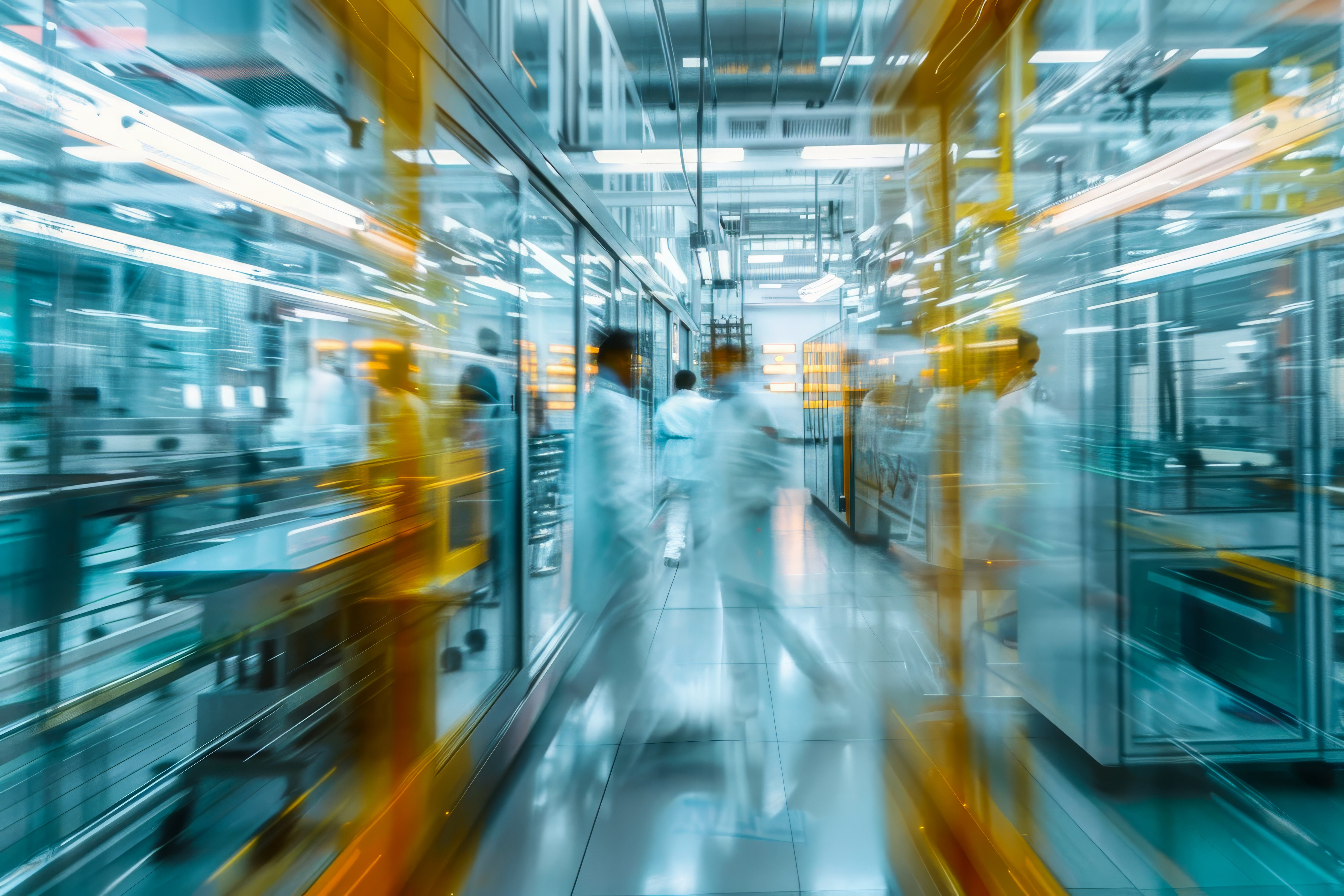 Blurred motion image of people in white lab coats walking in a bright, modern laboratory or manufacturing facility with glass walls and industrial equipment.