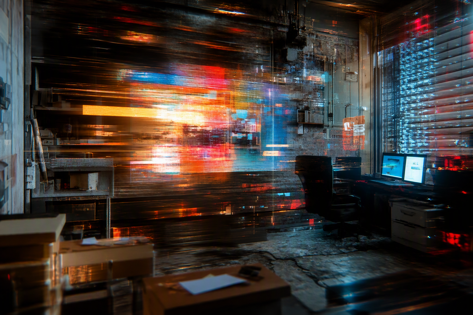 Dimly lit office with two computer monitors on a desk, a black office chair, and a wall with exposed pipes and wires, showing colorful abstract light trails across the room.