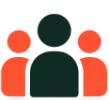 Icon showing three stylized people, with the center figure in dark green and two side figures in orange.