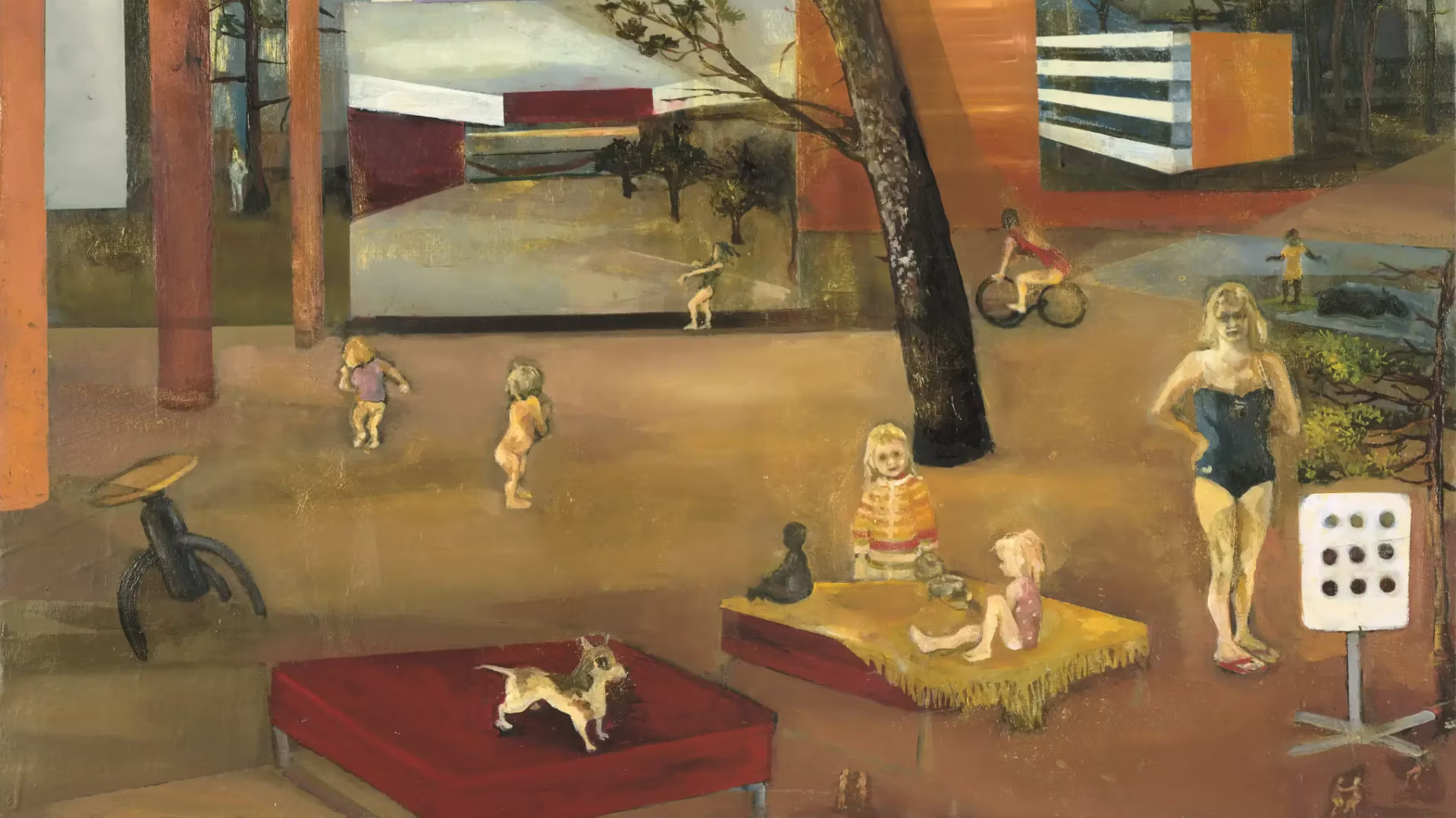 Fátima Pinto, a warm modernist terrace with figures and a dog on a red floor, oil on canvas