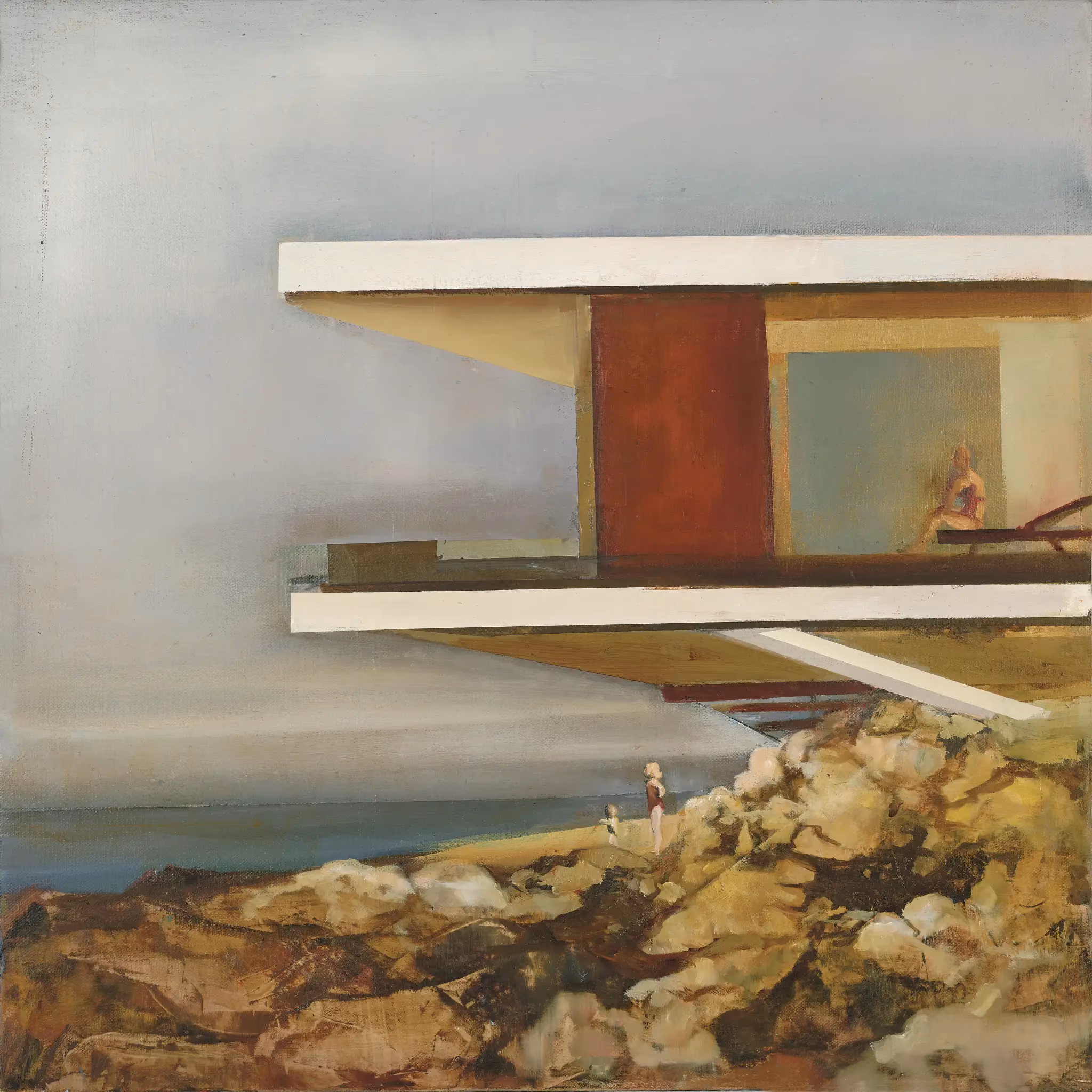 Fátima Pinto, Casa das Arribas — a white modernist house cantilevered over rocky sea cliffs, oil on canvas, 2008
