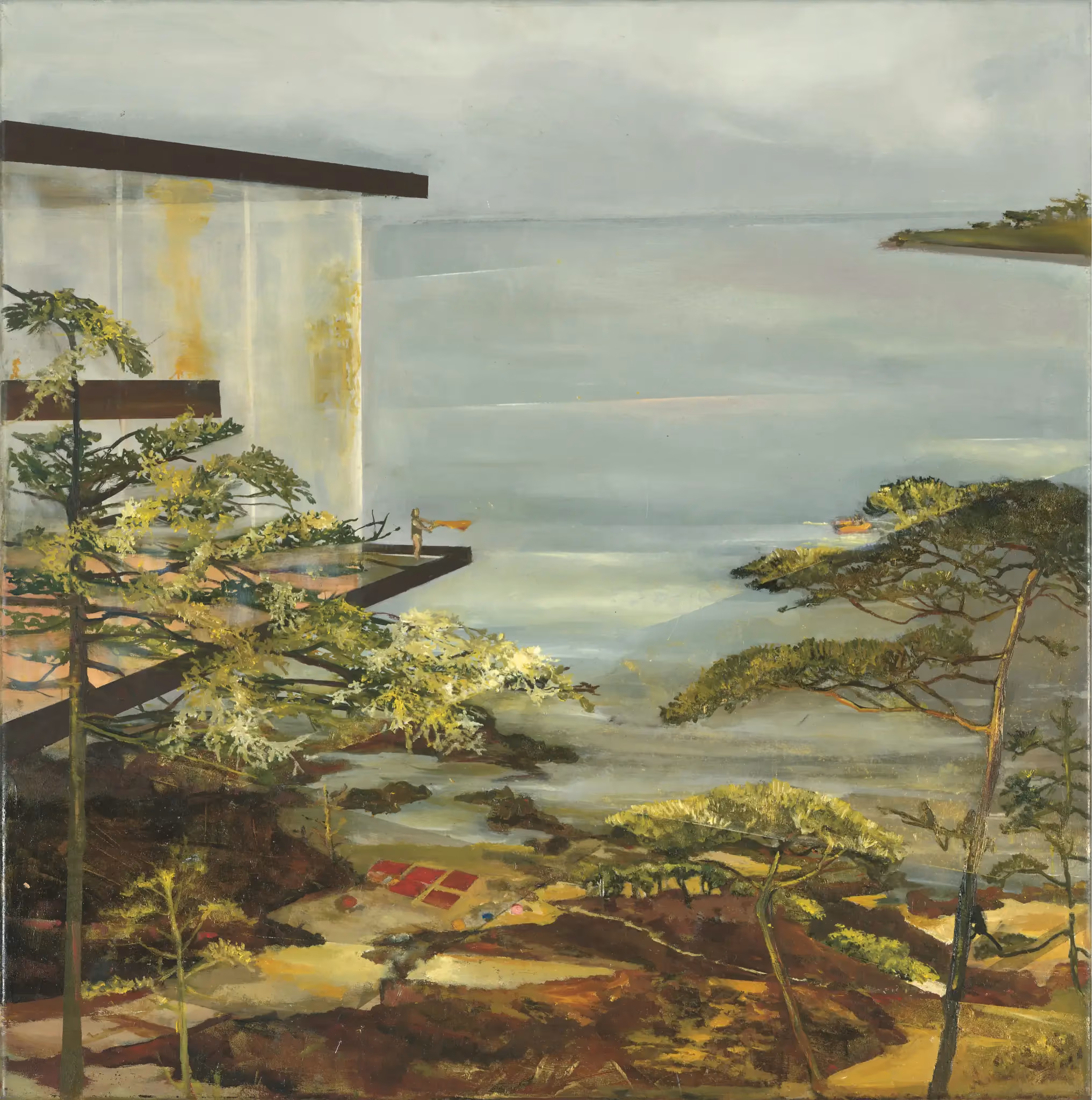 Fátima Pinto, Golfinhos — a green coastal landscape of pines and sea with a low modernist house, oil on canvas, 2004