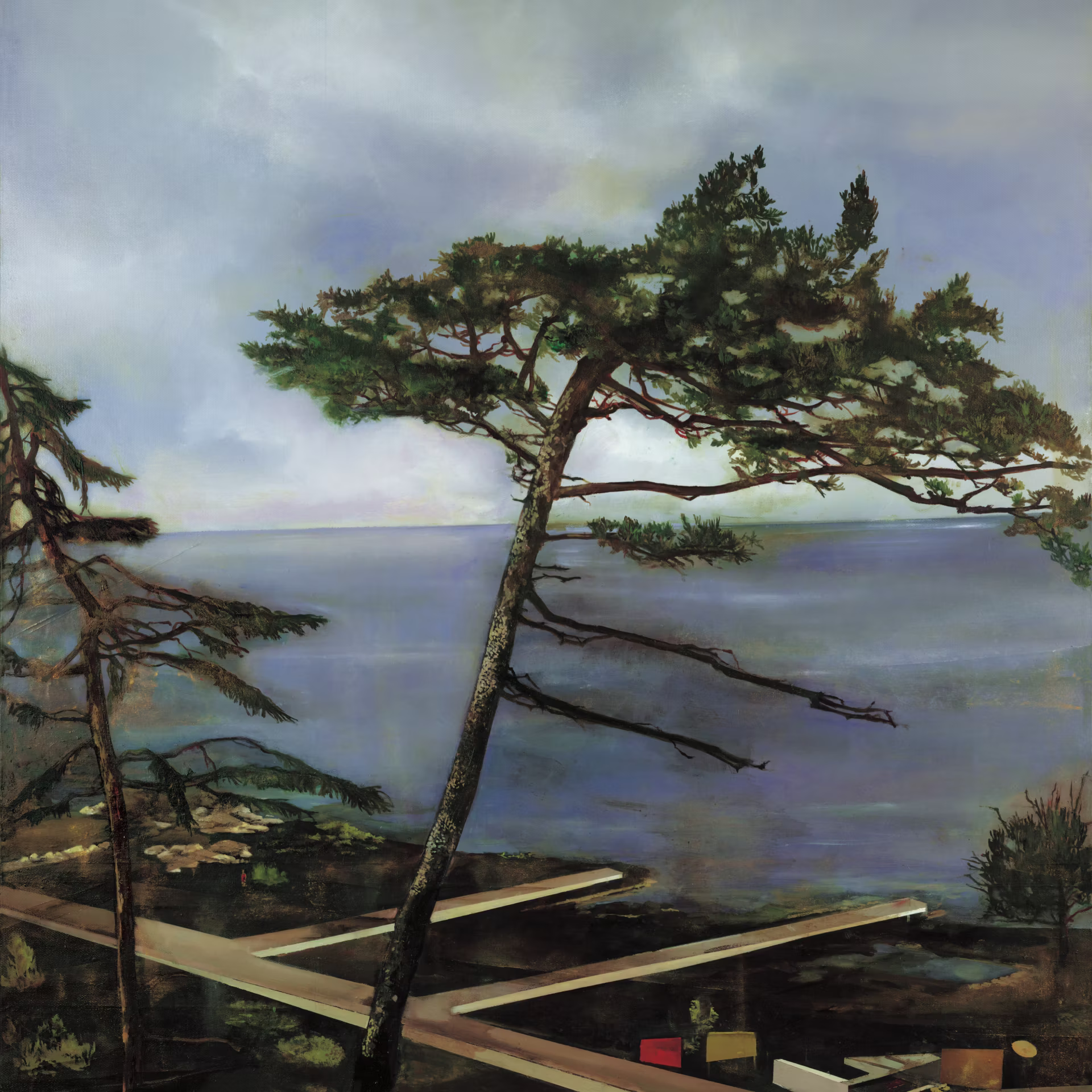 Fátima Pinto, Dou-te os Meus Olhos — a tall pine beside a calm coastal bay with a low modernist building, oil on canvas, 2004