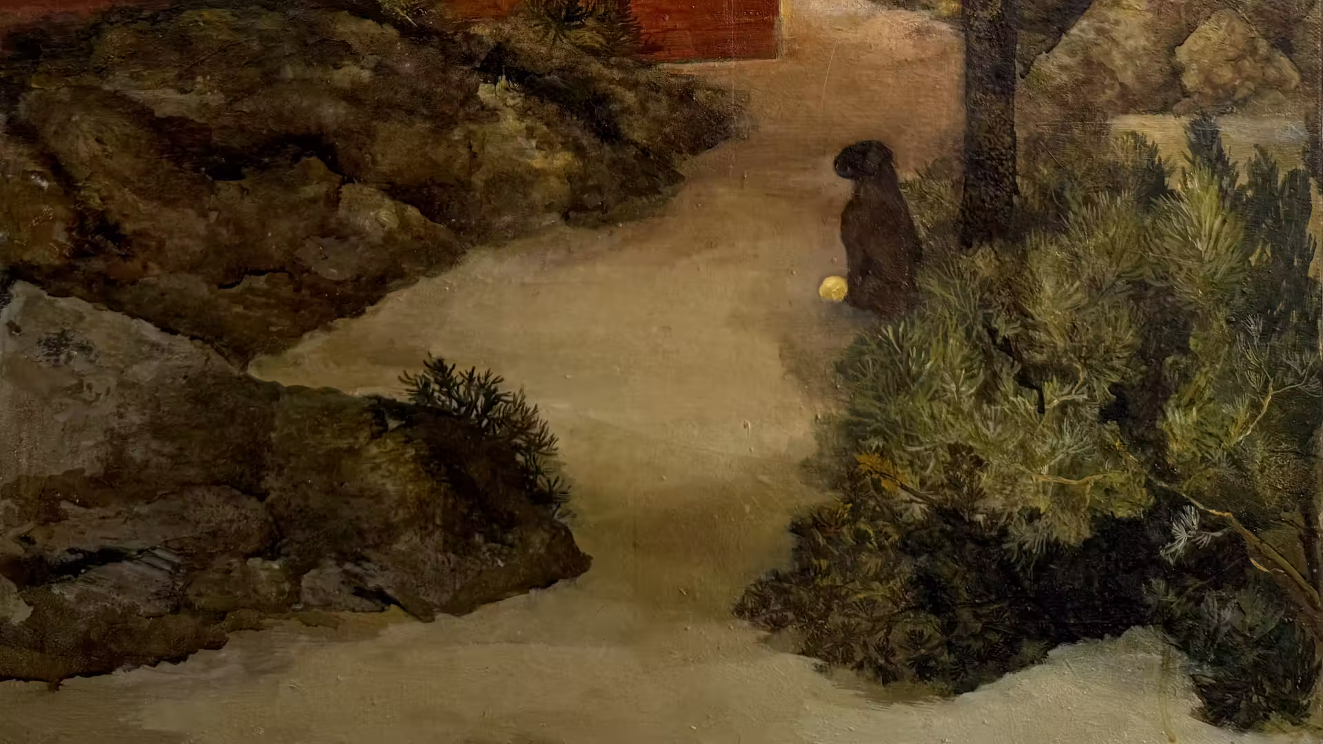 Fátima Pinto, a dark, overgrown rocky landscape with a small distant dog figure, her dog named picasso, oil on canvas
