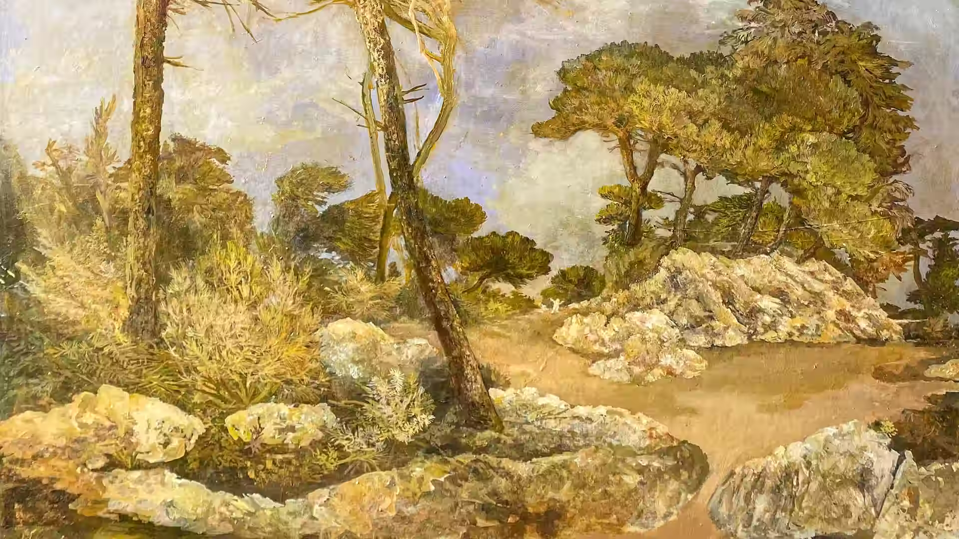 Fátima Pinto, a sunlit green woodland clearing with trees and pale rocks, oil on canvas