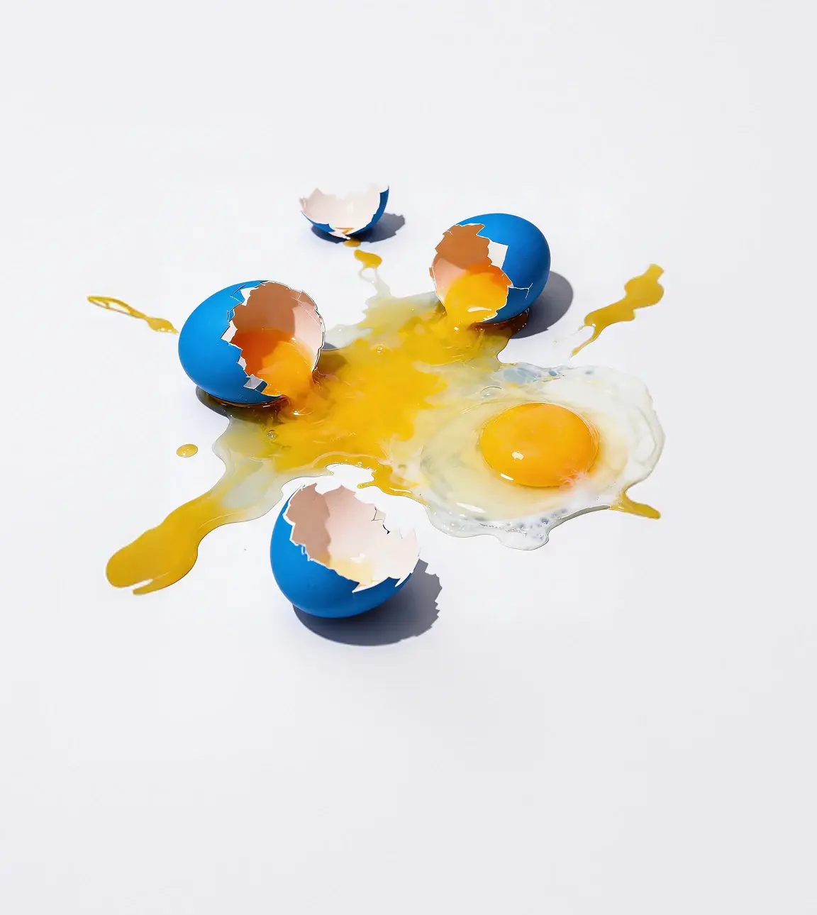 Broken blue eggshells with spilled raw egg yolk and white on a white surface.