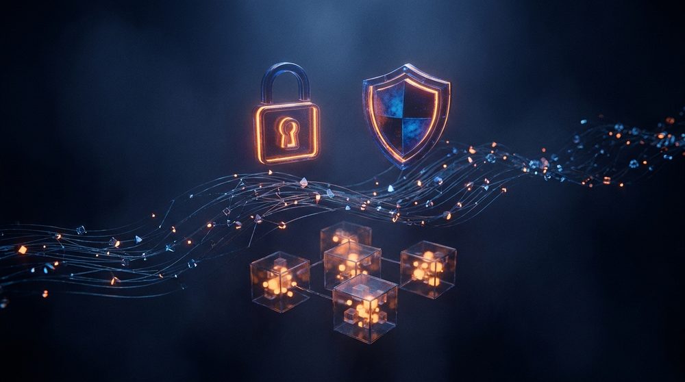 Digital padlock and shield safeguarding asset cubes
