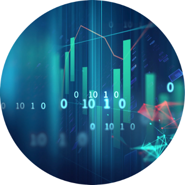 Data analytics visualization with binary code and bar charts representing digital transformation and financial technology insights.