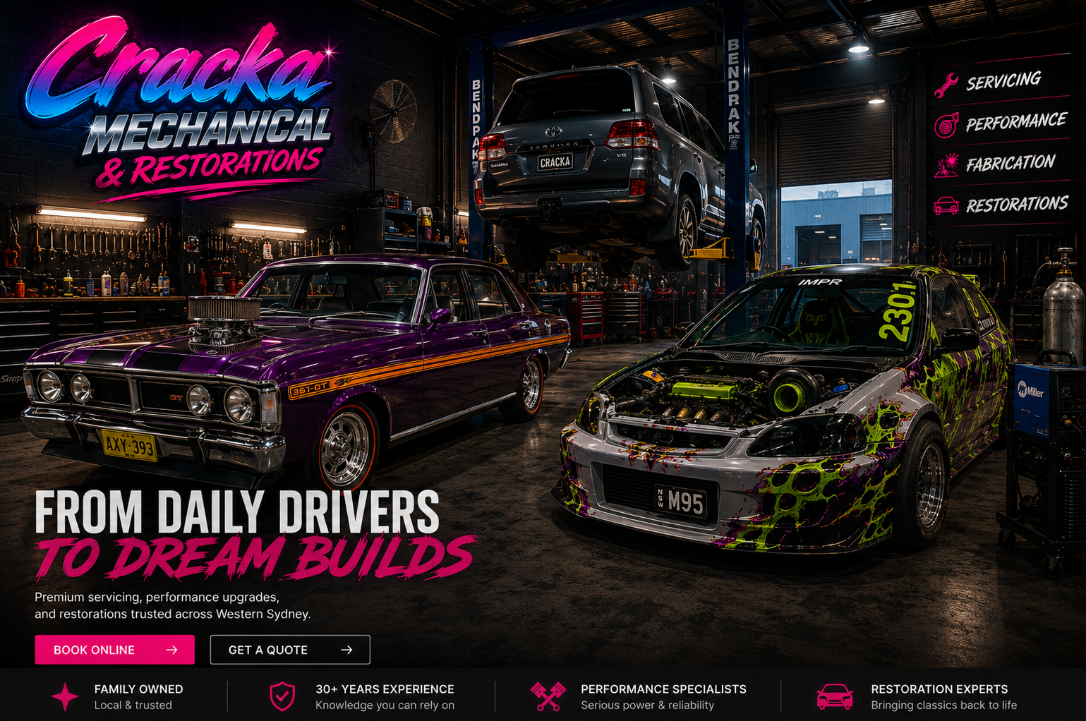 Cracka Mechanical and Restorations workshop with classic muscle car, race car and 4WD on hoist