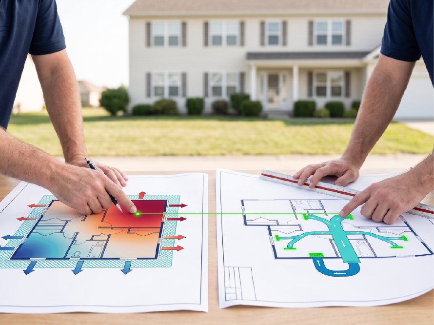 Residential floor plan, load calculation, and duct design documentation
