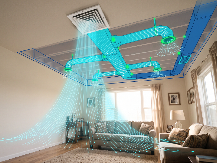 Residential duct layout with airflow callouts
