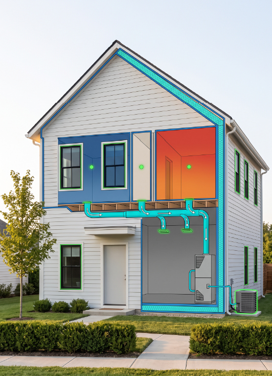 Modern residential home with HVAC plans and equipment visualization