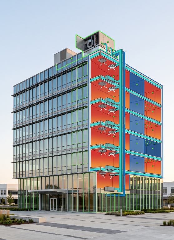 Commercial building with mechanical plans and HVAC load-analysis visuals