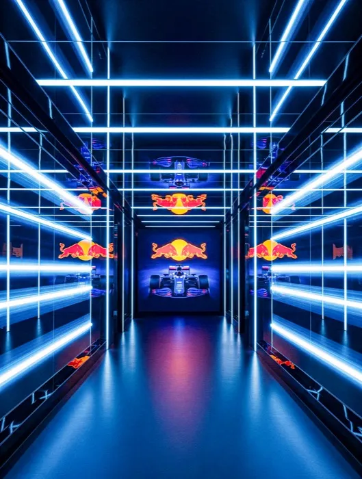 Red Bull Suzuka — neon-lit entrance corridor leading to the car