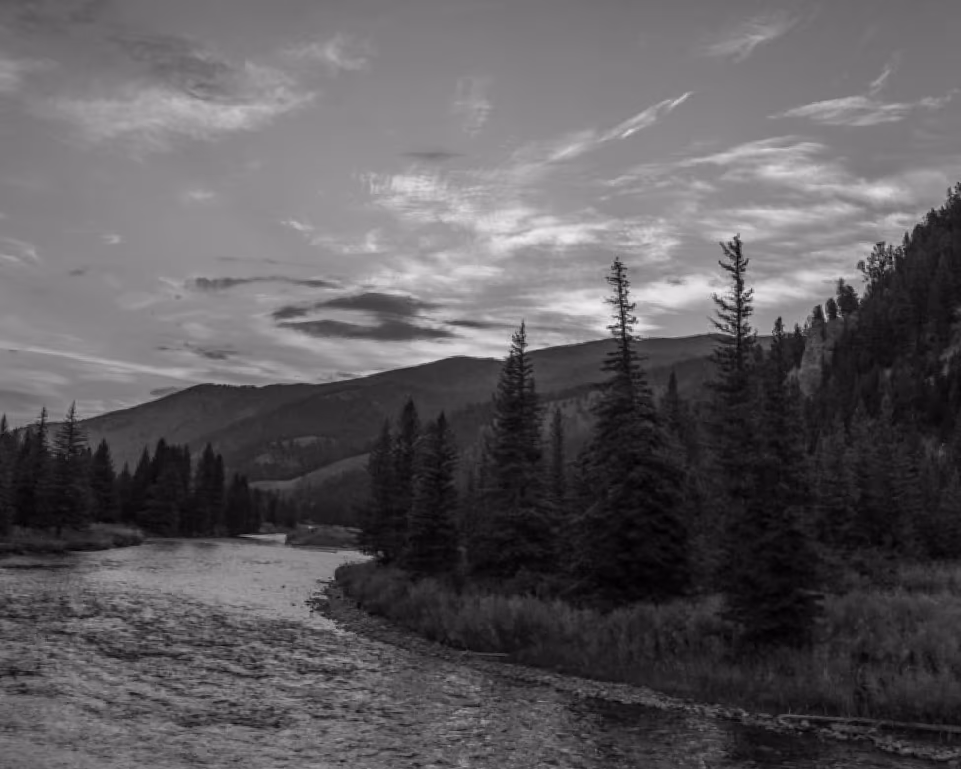 River flowing through a forest with pine trees and mountains under a cloudy sky at dusk.
