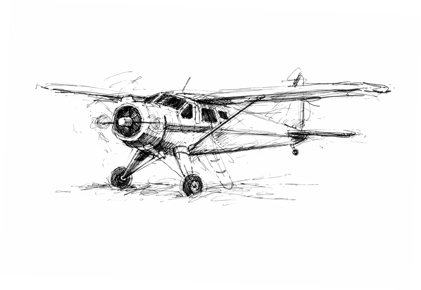 Black ink sketch of a small propeller airplane with landing gear on the ground.