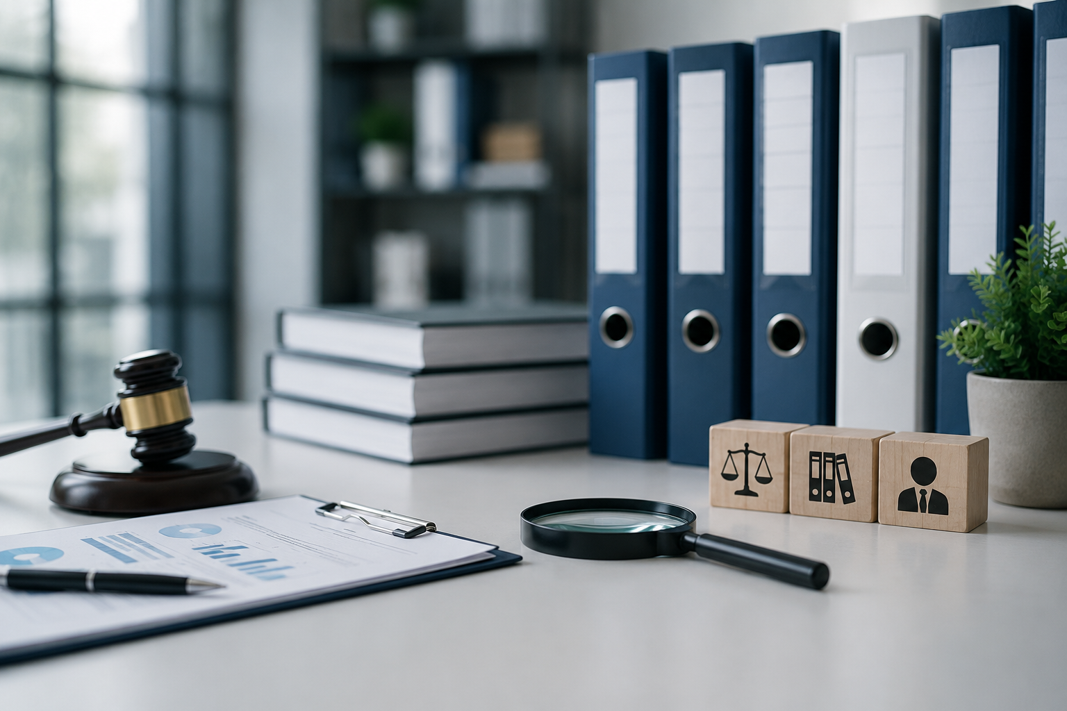 Employment-law documents, gavel, binders, and magnifying glass representing a leave-policy compliance review