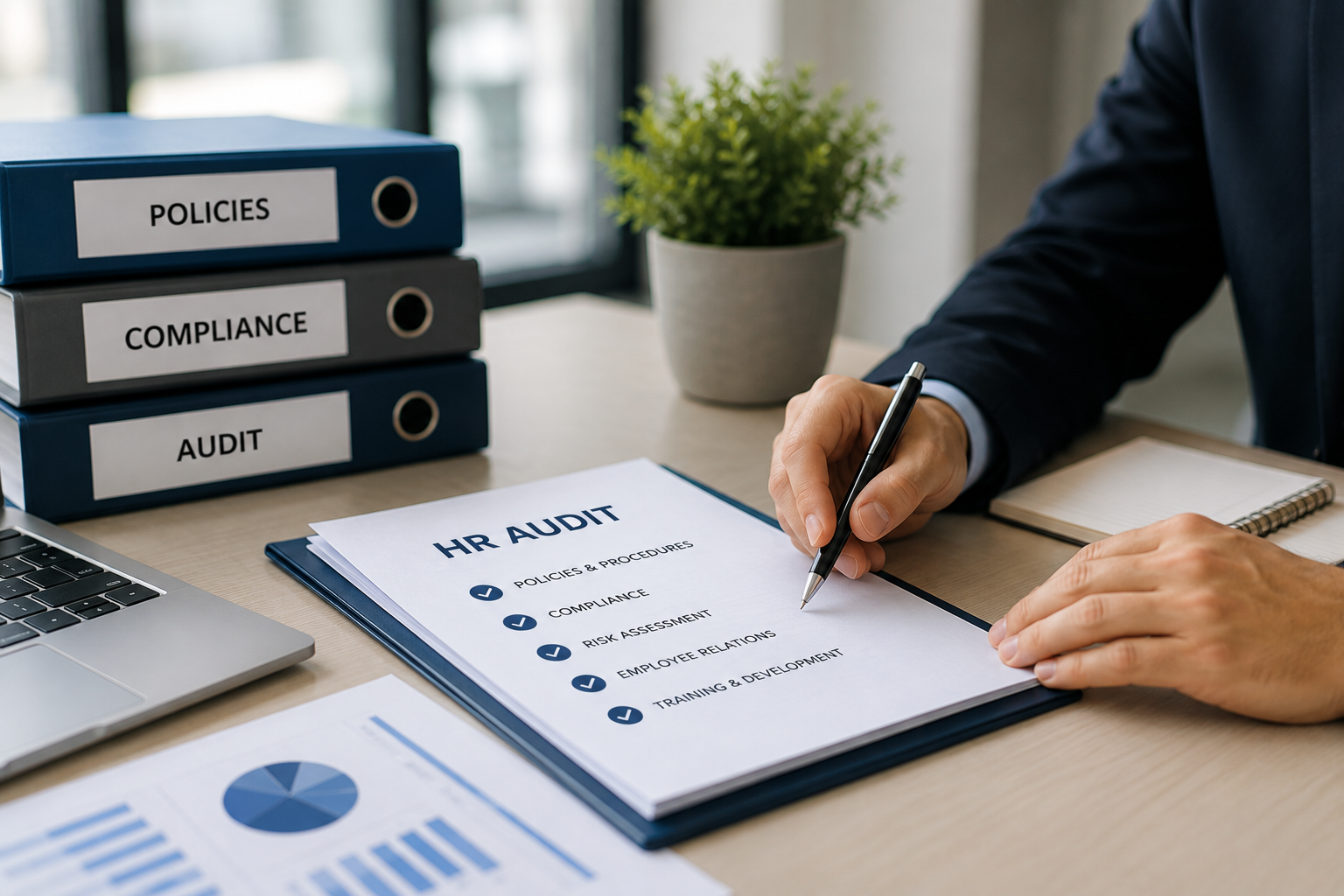 HR professional completing a policy, compliance, and audit checklist at a desk