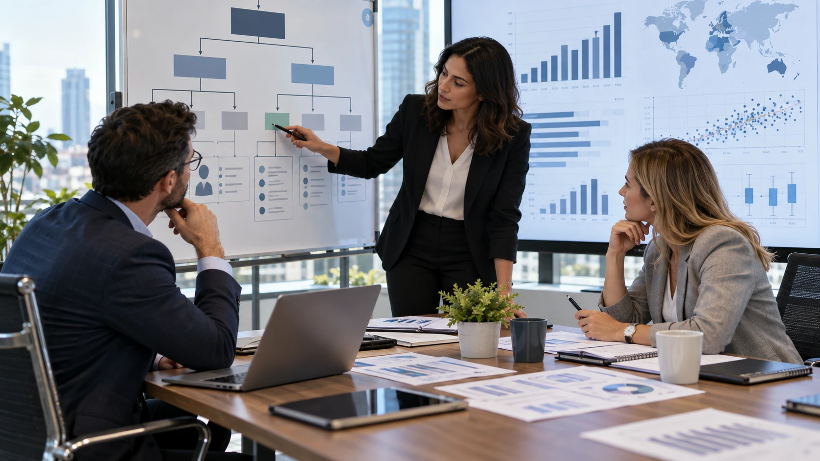 Compensation professionals comparing job evaluation results with external market pricing data