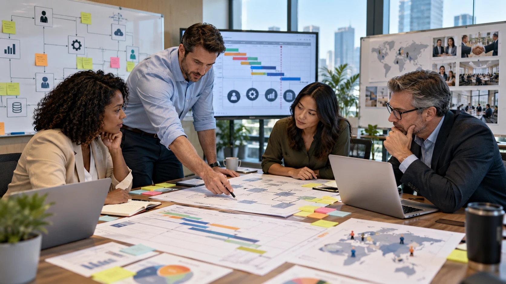 HR project team reviewing timelines, dependencies, and implementation tasks